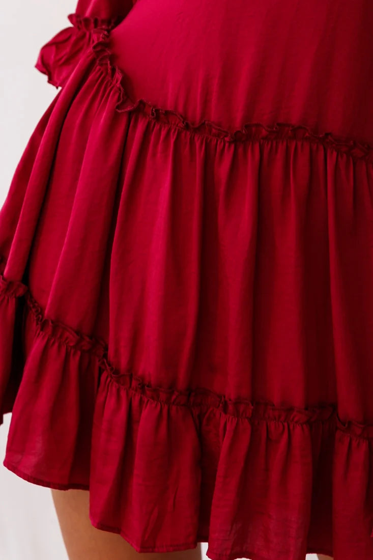 Albany Bell Sleeve Frill Dress Wine