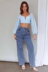 Tanner Long Sleeve Ruched Crop Top Steel Blue