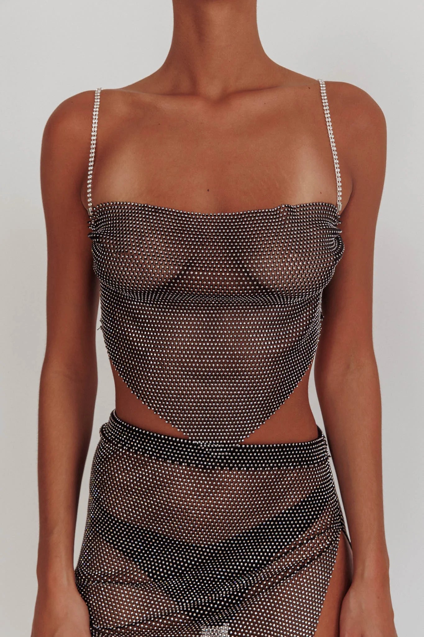 Eden Nights Diamante Mesh Top Black