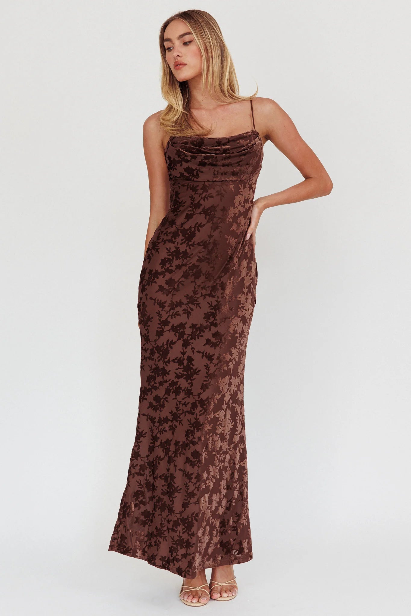 Well Versed Burnout Velvet Maxi Dress Chocolate