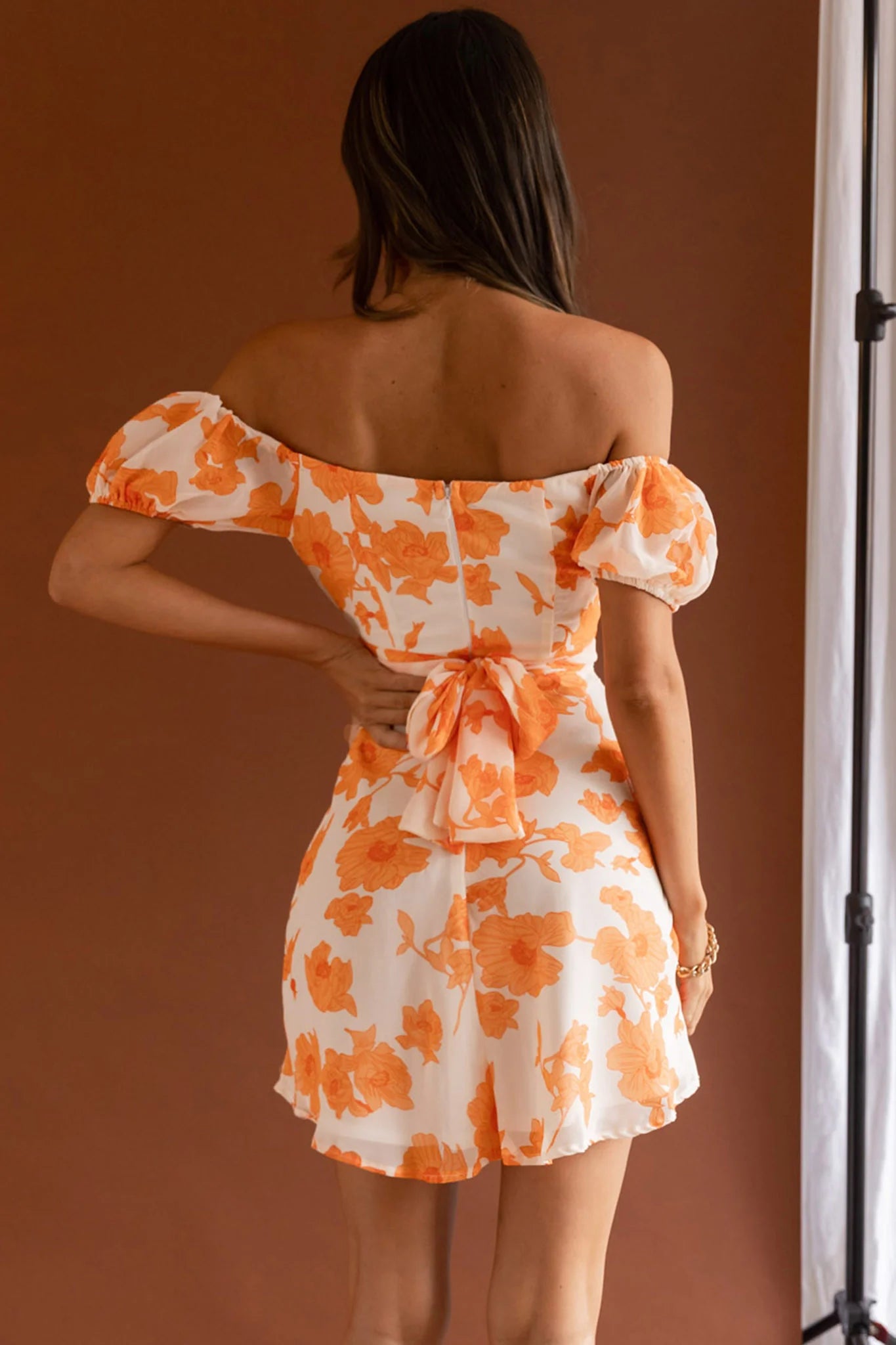 Linka Puff Sleeve Waist Tie Dress Floral Orange