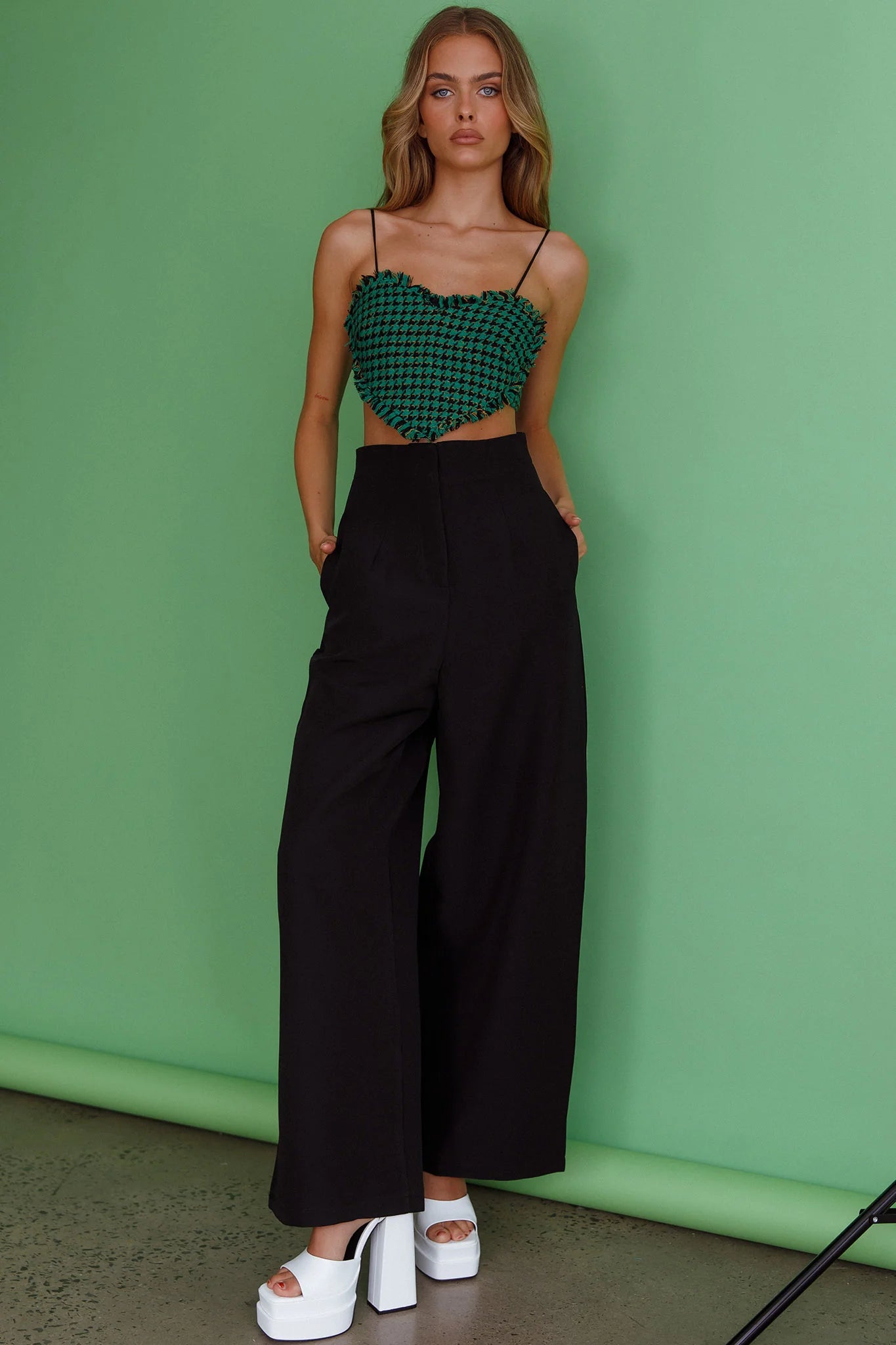 Miss Fine Heart Crop Top Houndstooth Green