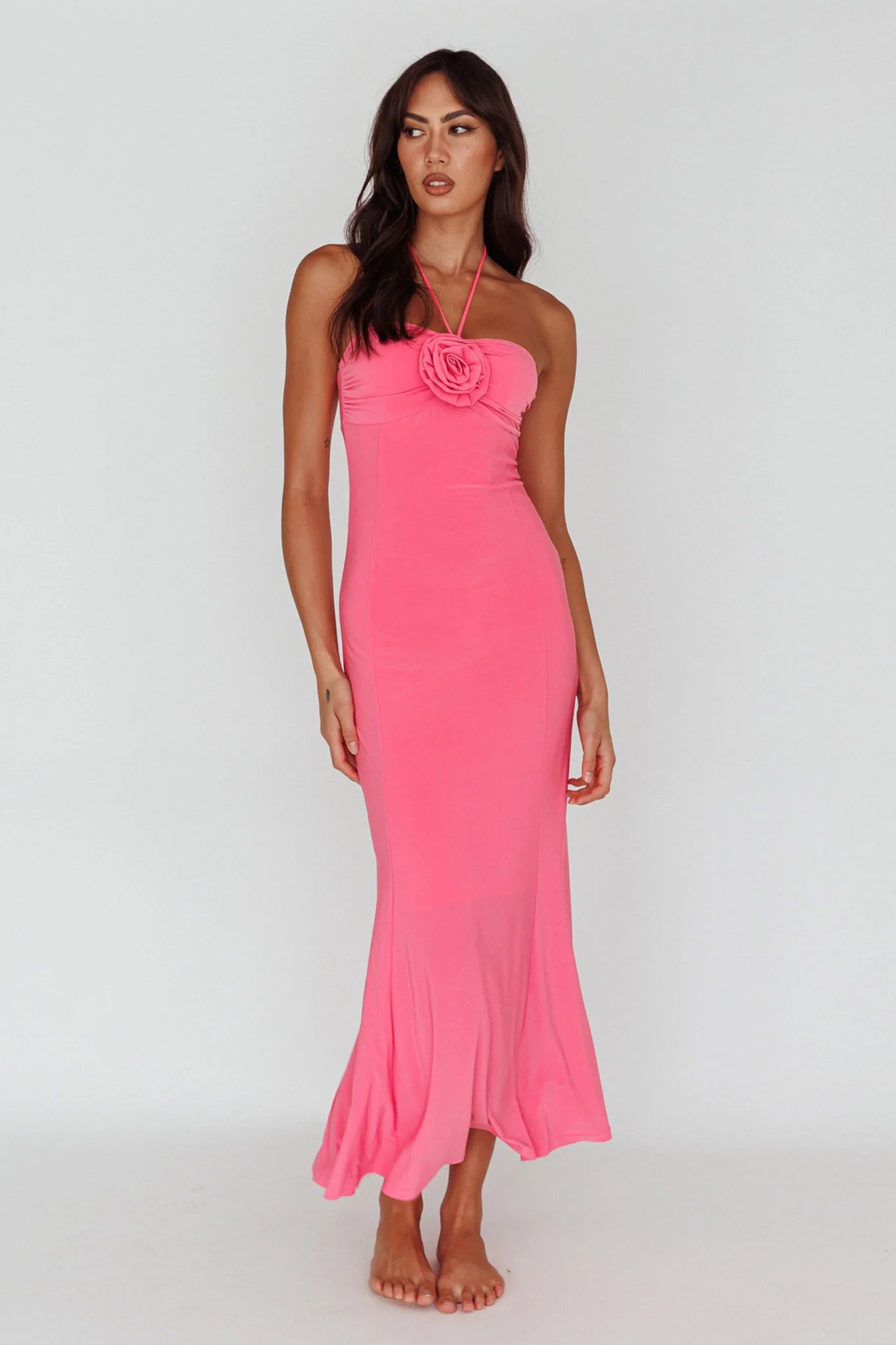 Ibiza Sunset Bust Flower Midi Dress Hot Pink