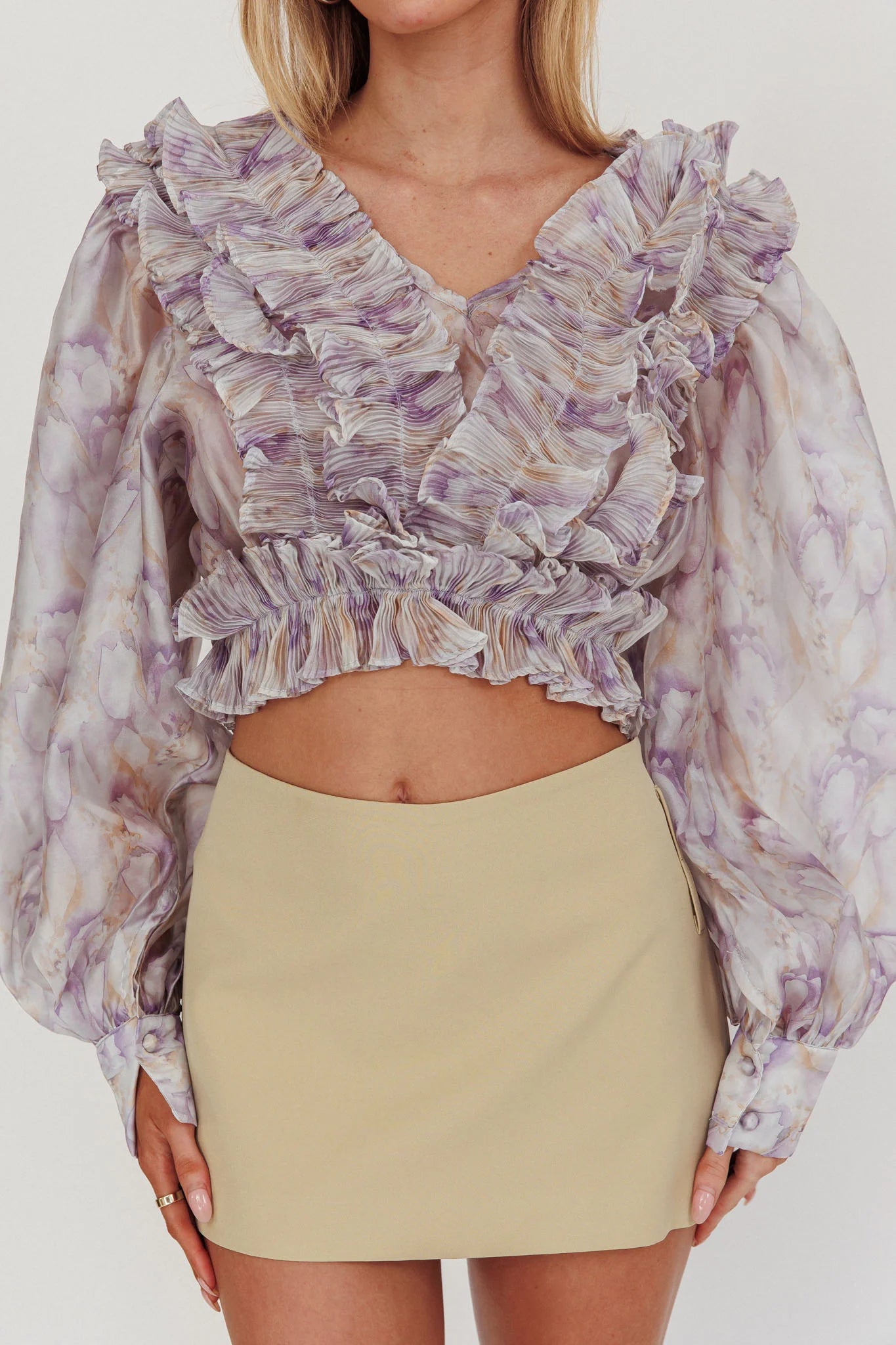 Forever Young Balloon Sleeves Cropped Blouse Purple Multi