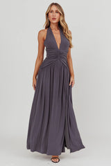 Italia Azure Gathered Waist Maxi Dress Charcoal
