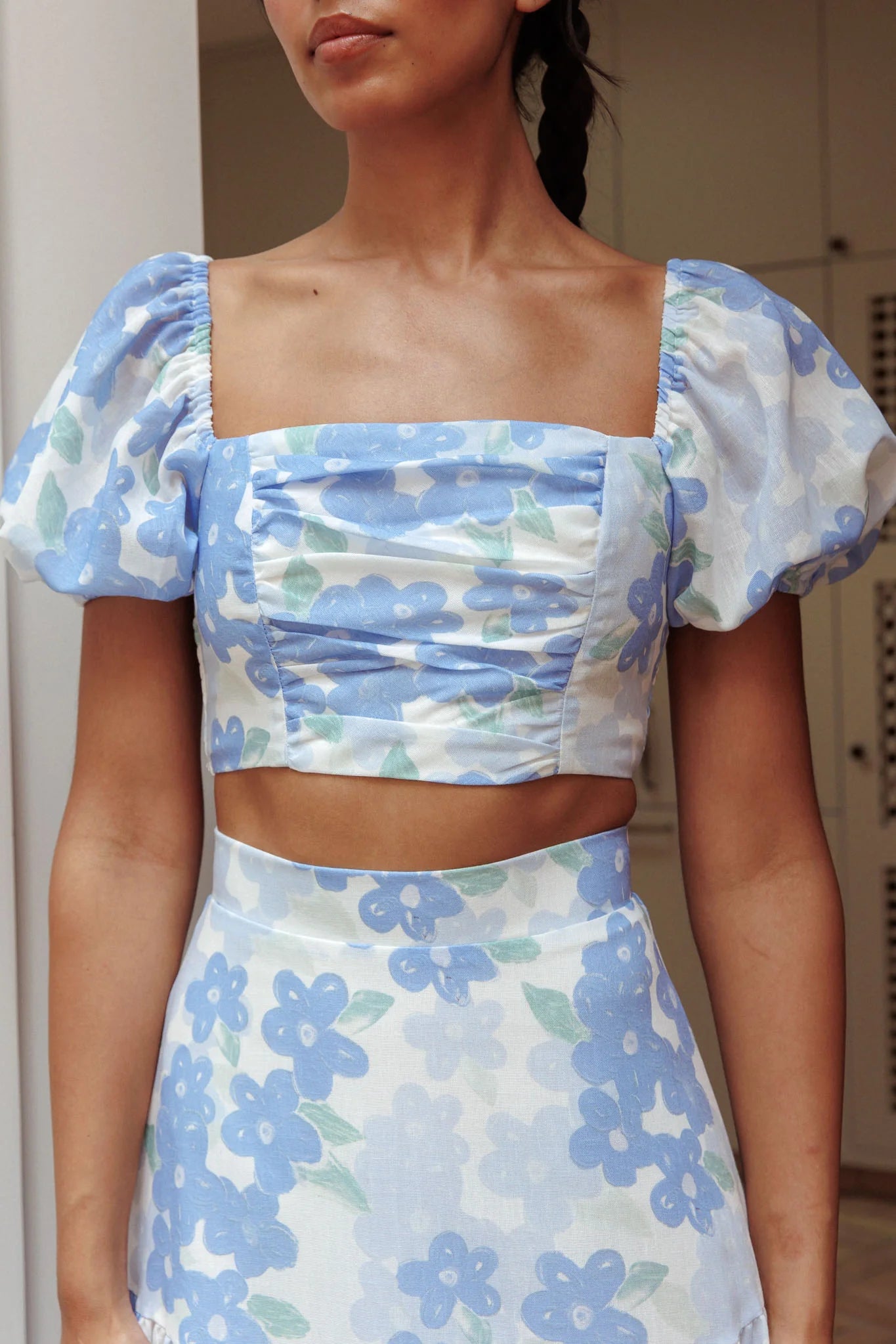 The Moment Puff Sleeve Crop Top Floral Blue