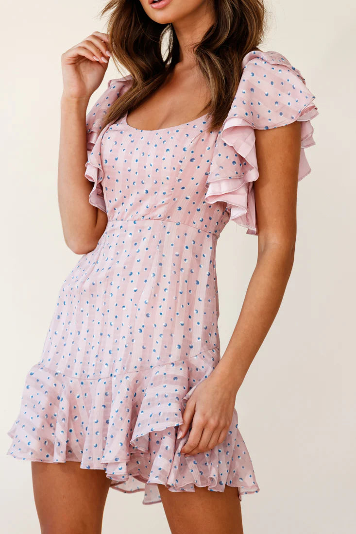 All Or Nothing Flounce Sleeve Lace-Up Back Dress Speckle Print Pink