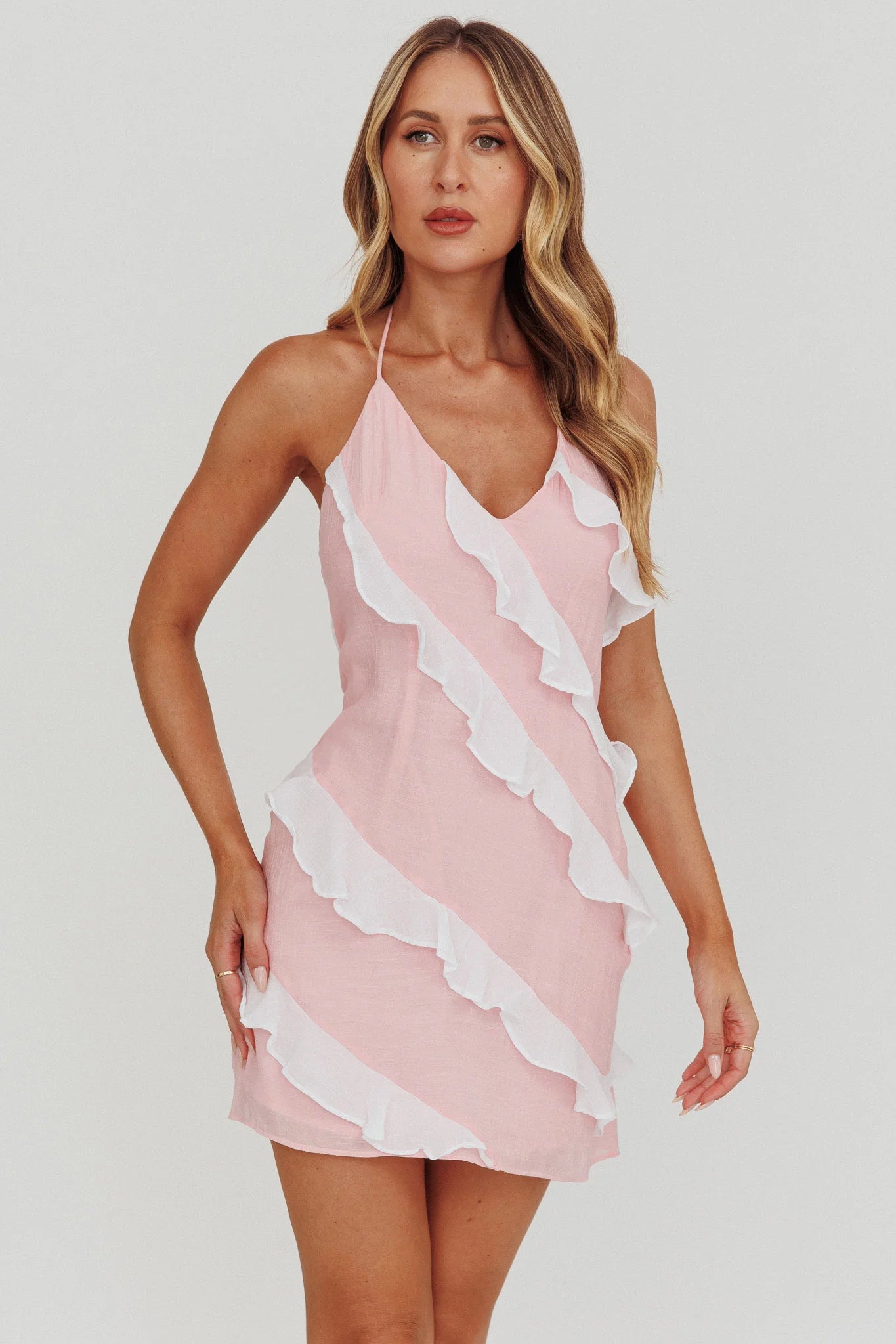 Arrabel Halterneck Contrast Ruffle Mini Dress Pink