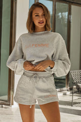 La Femme Long Sleeve Drop Shoulder Font Sweater Grey Marle