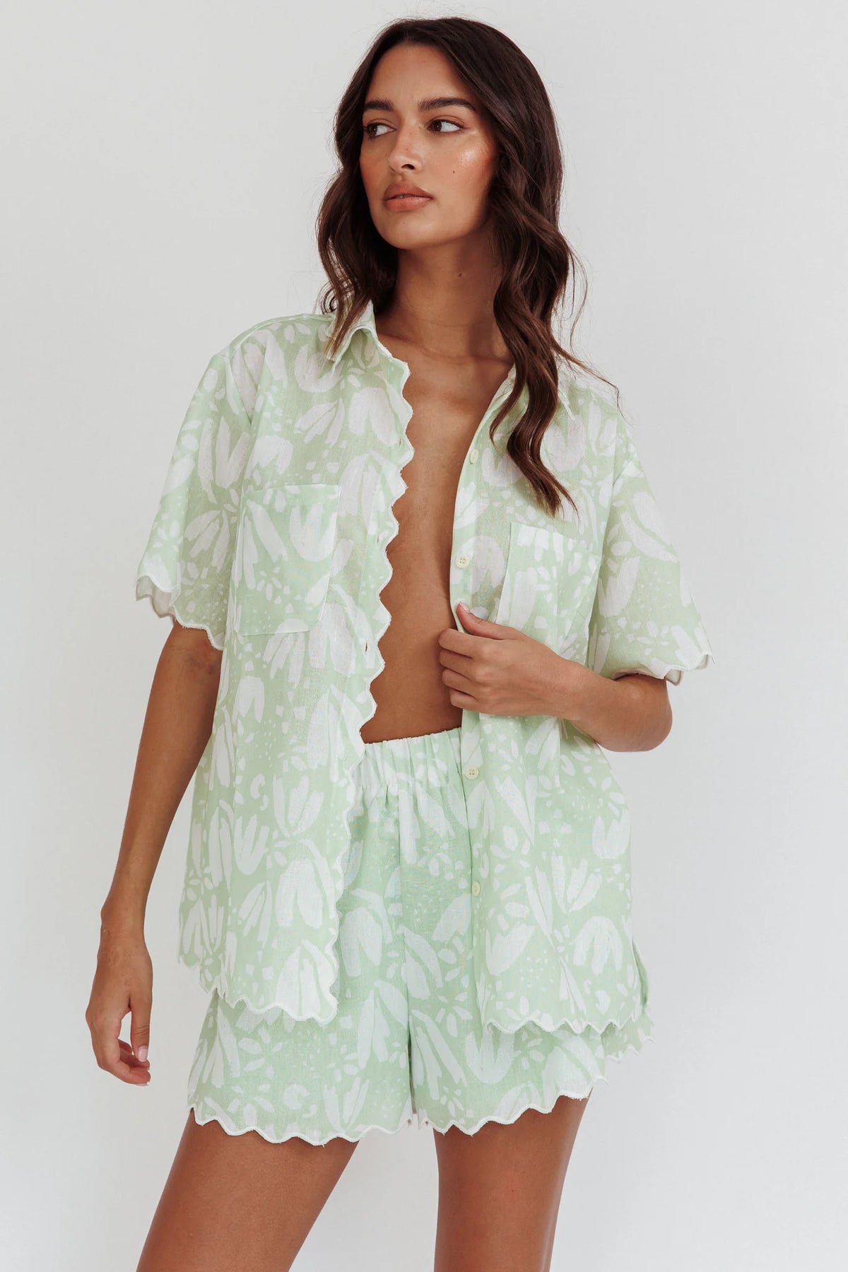 Swing Of Things Scalloped Edge Shirt Print Sage