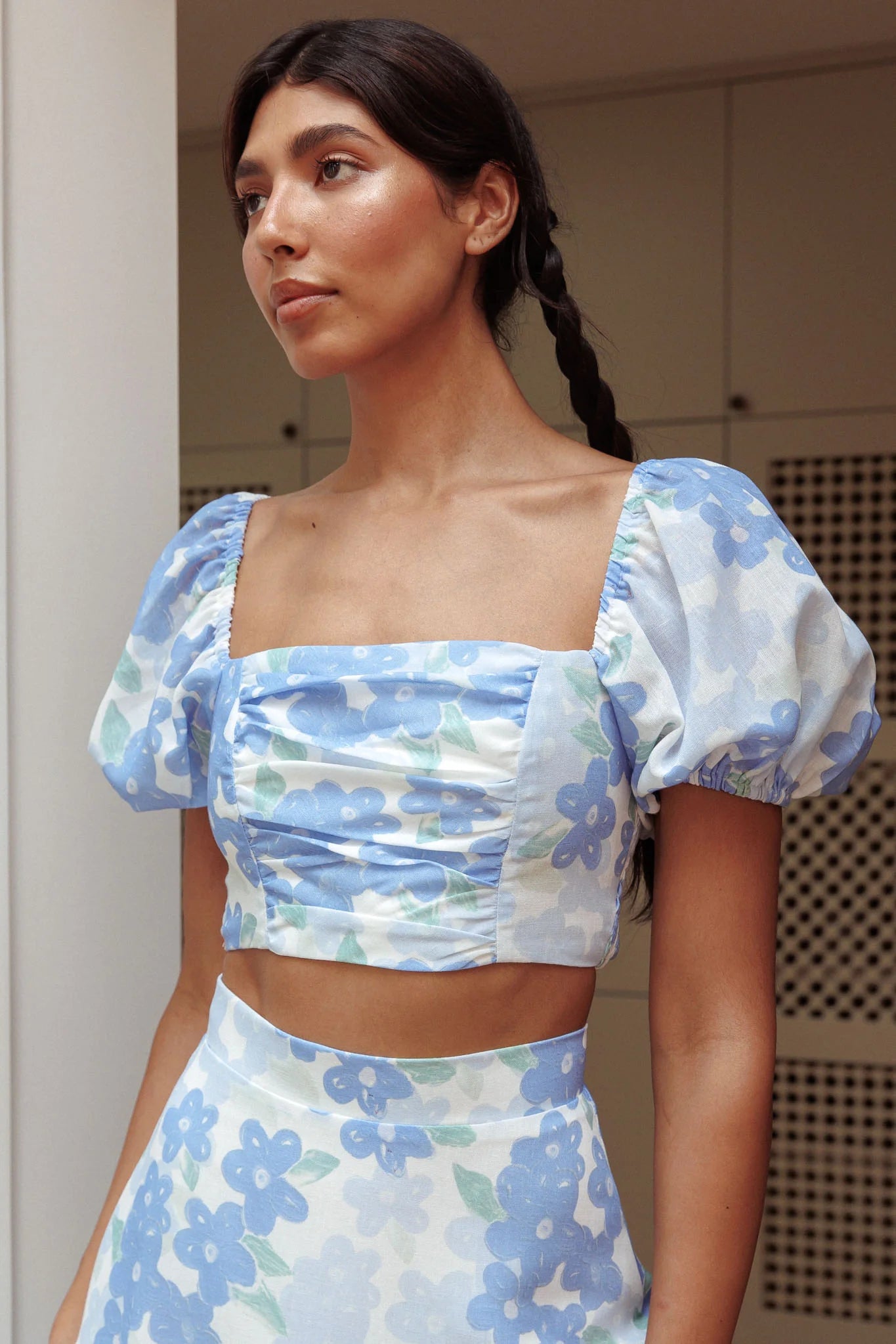 The Moment Puff Sleeve Crop Top Floral Blue