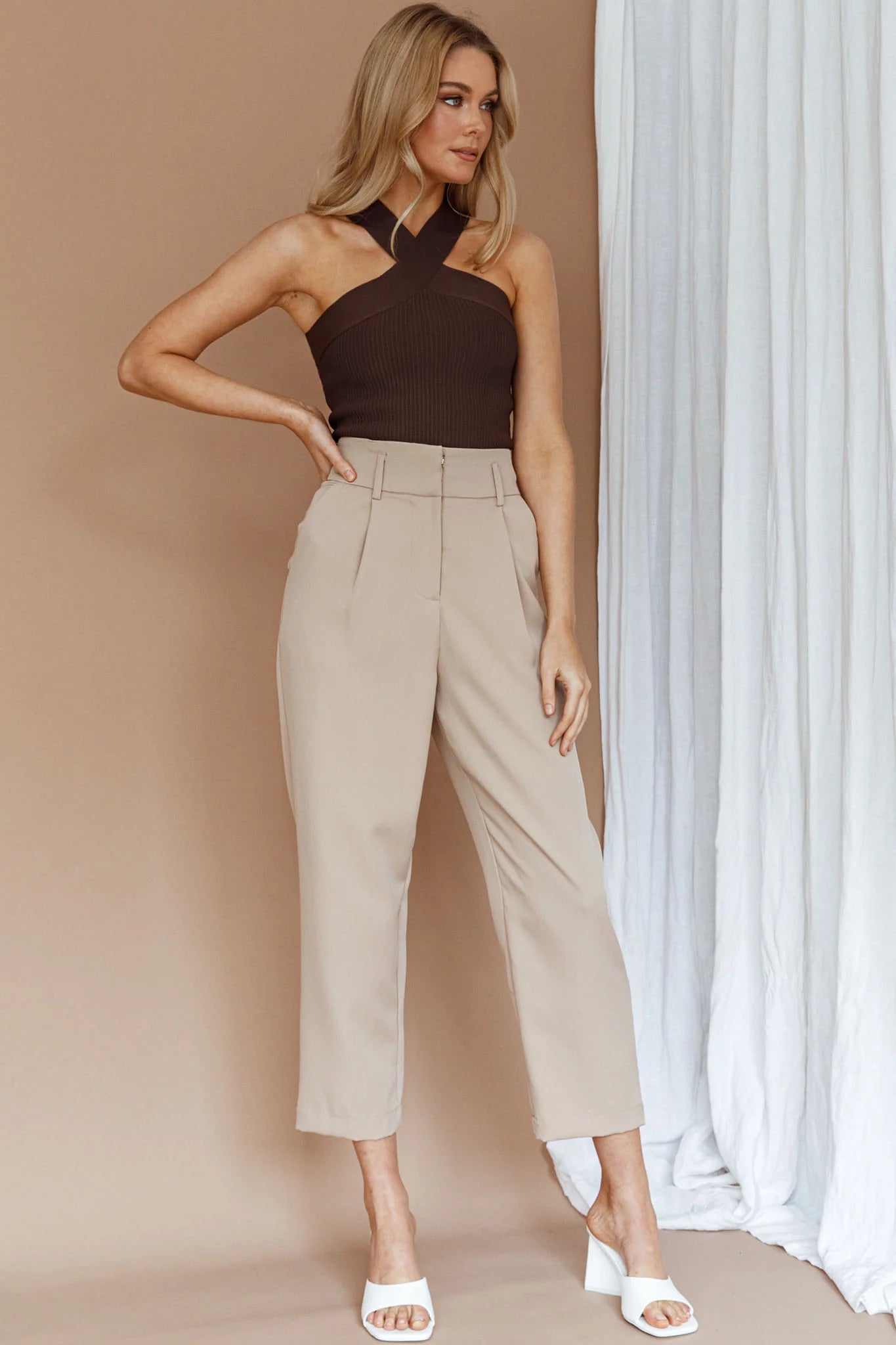 Kansas Crossover Neck Knit Top Brown