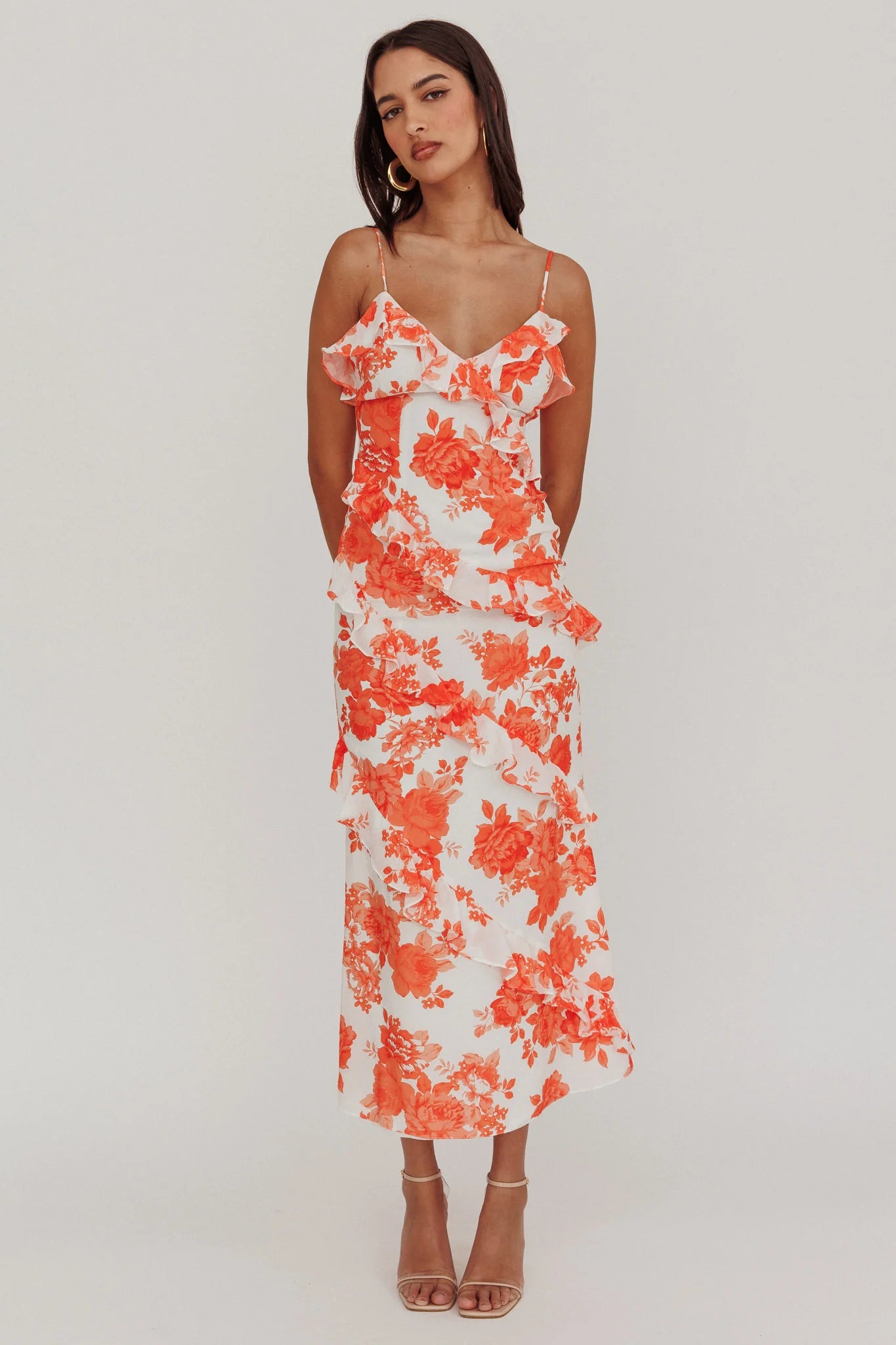 Silvana Frill Trim Maxi Dress Floral Orange