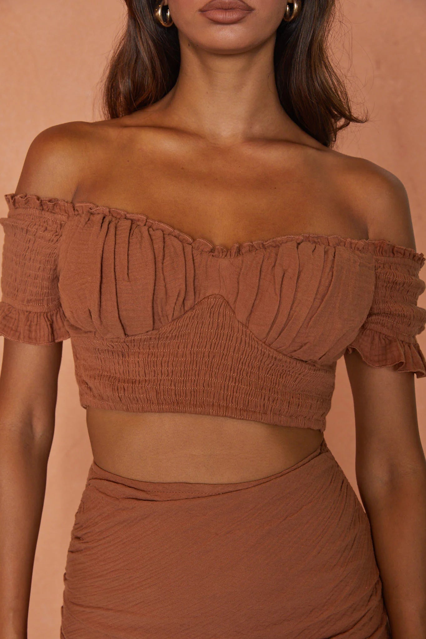 Rise And Shine Shirred Bodice Tied Back Crop Top Latte
