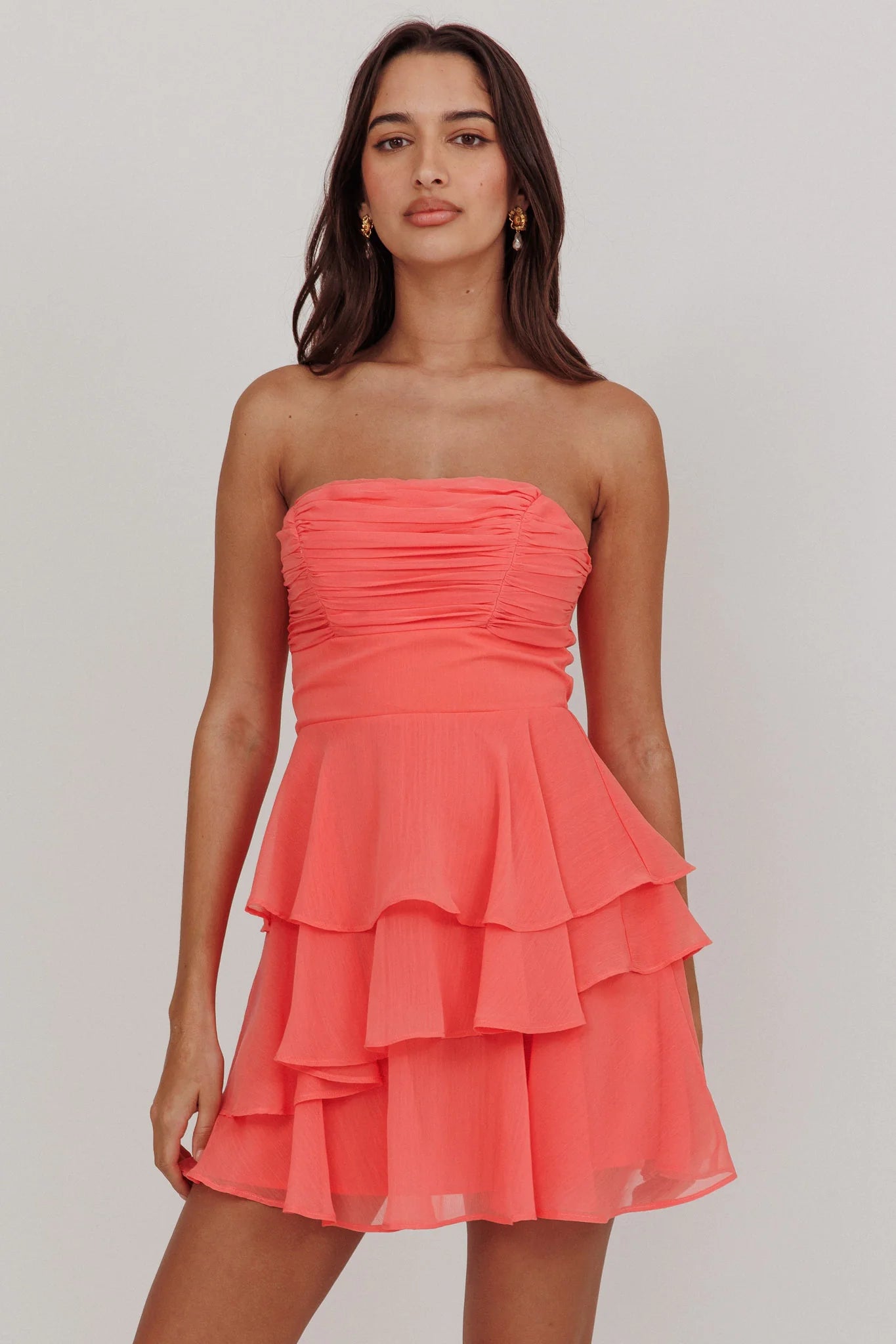 Veda Strapless Ruffle Mini Dress Peach