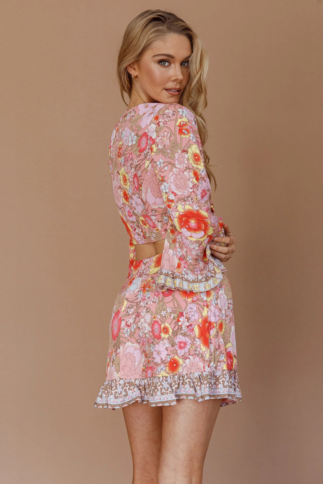 Island Girl Long Sleeve Tied Crop Top Floral Pink