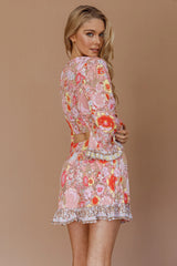 Island Girl Long Sleeve Tied Crop Top Floral Pink