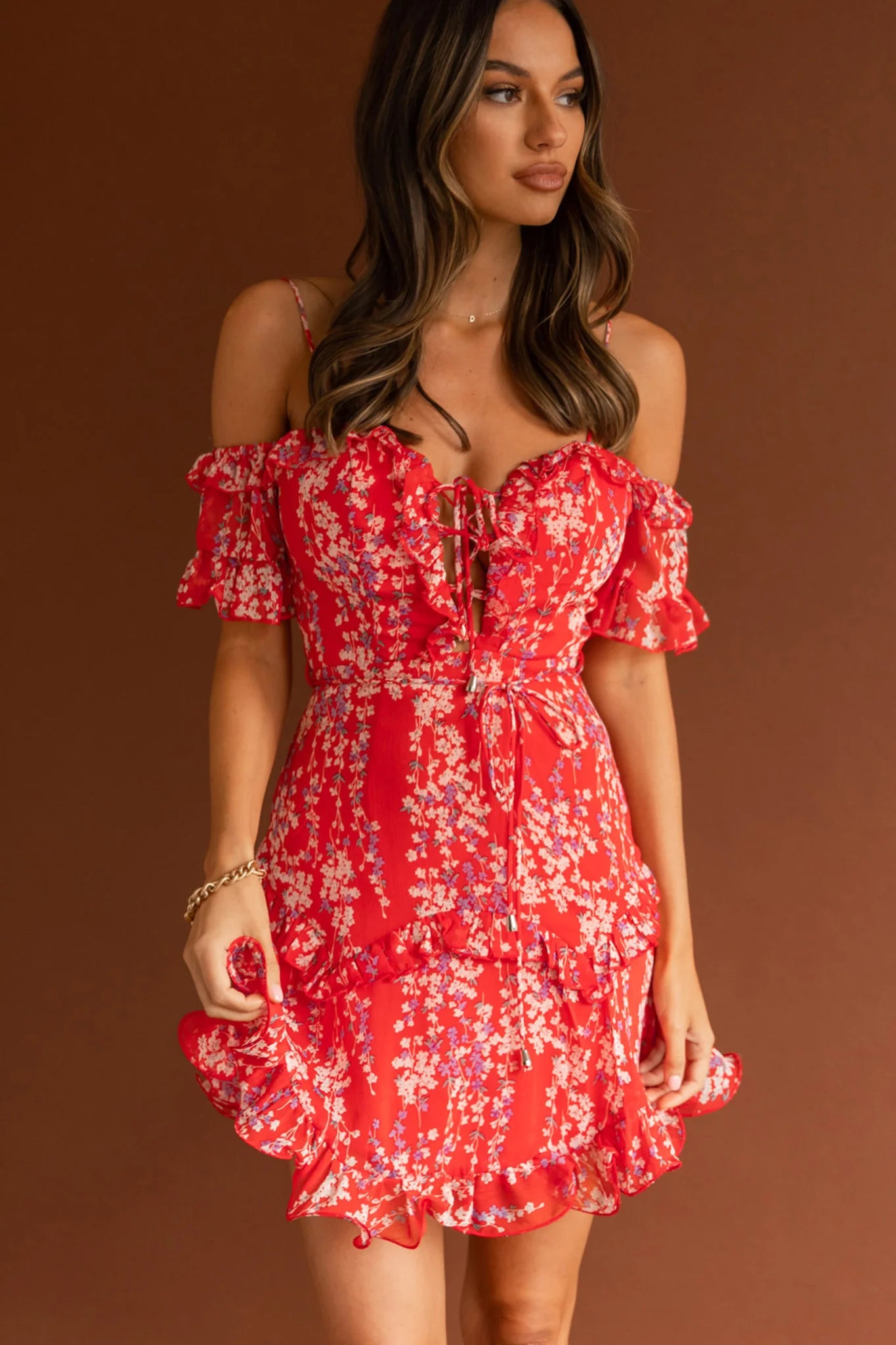 Maranda Bardot Lace-Up Bust Dress Dainty Floral Red