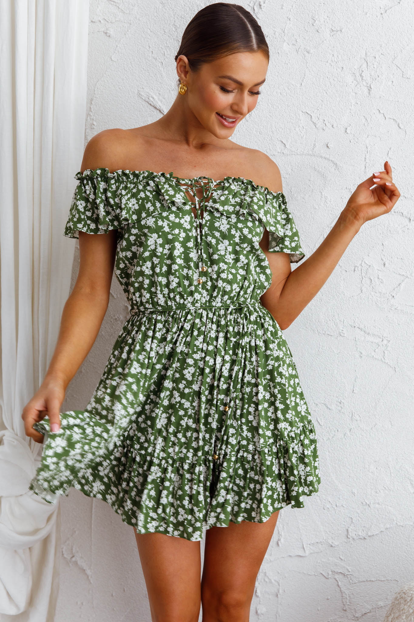 Andie Off-Shoulder Frill Dress Floral Green