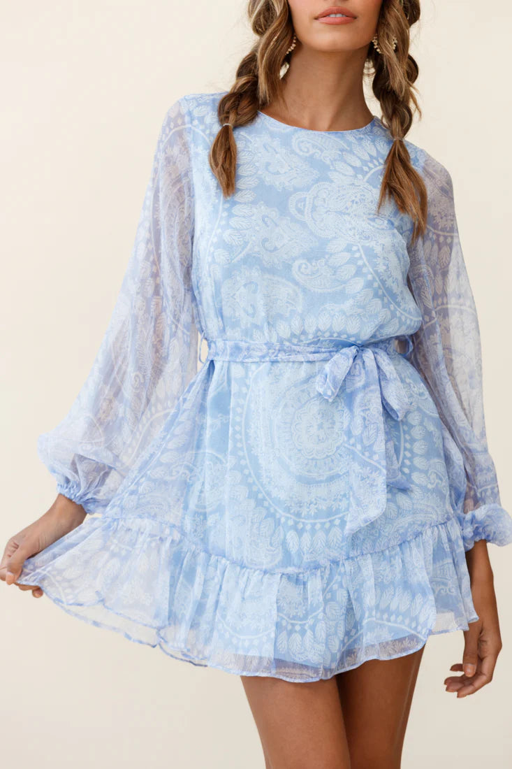 Always & Forever Long Balloon Sleeve Crew Neck Dress Paisley Print Blue