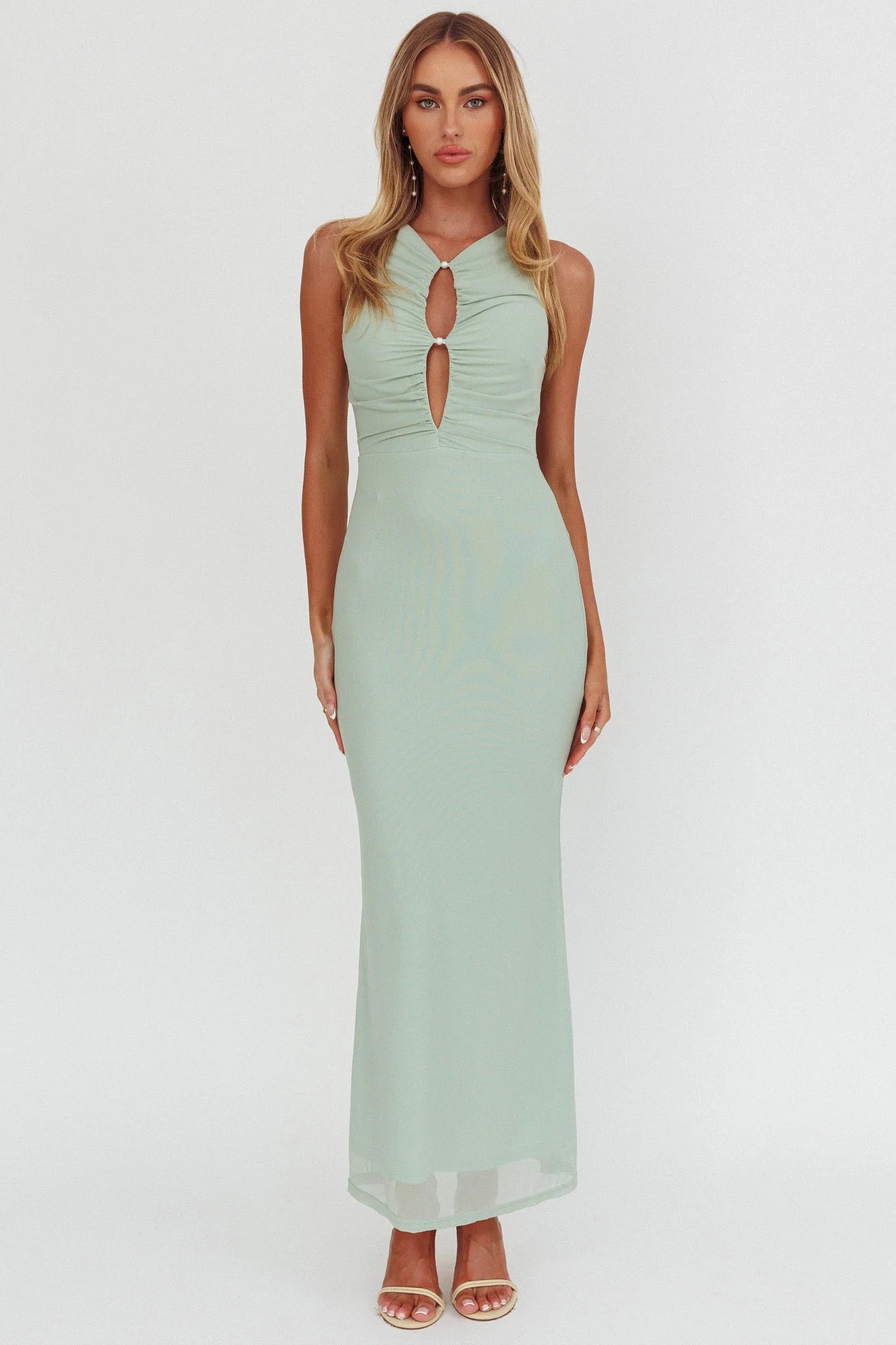 Piece Of Heaven Sleeveless Keyhole Mesh Maxi Dress Sage