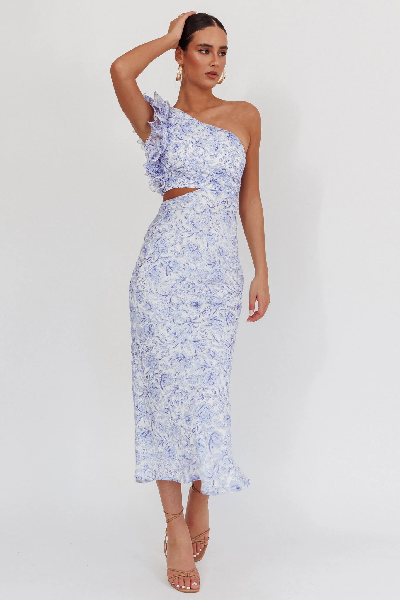 Deanna One-Shoulder Ruffle Midi Dress Floral Blue