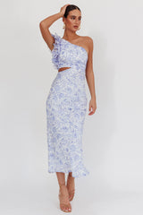 Deanna One-Shoulder Ruffle Midi Dress Floral Blue