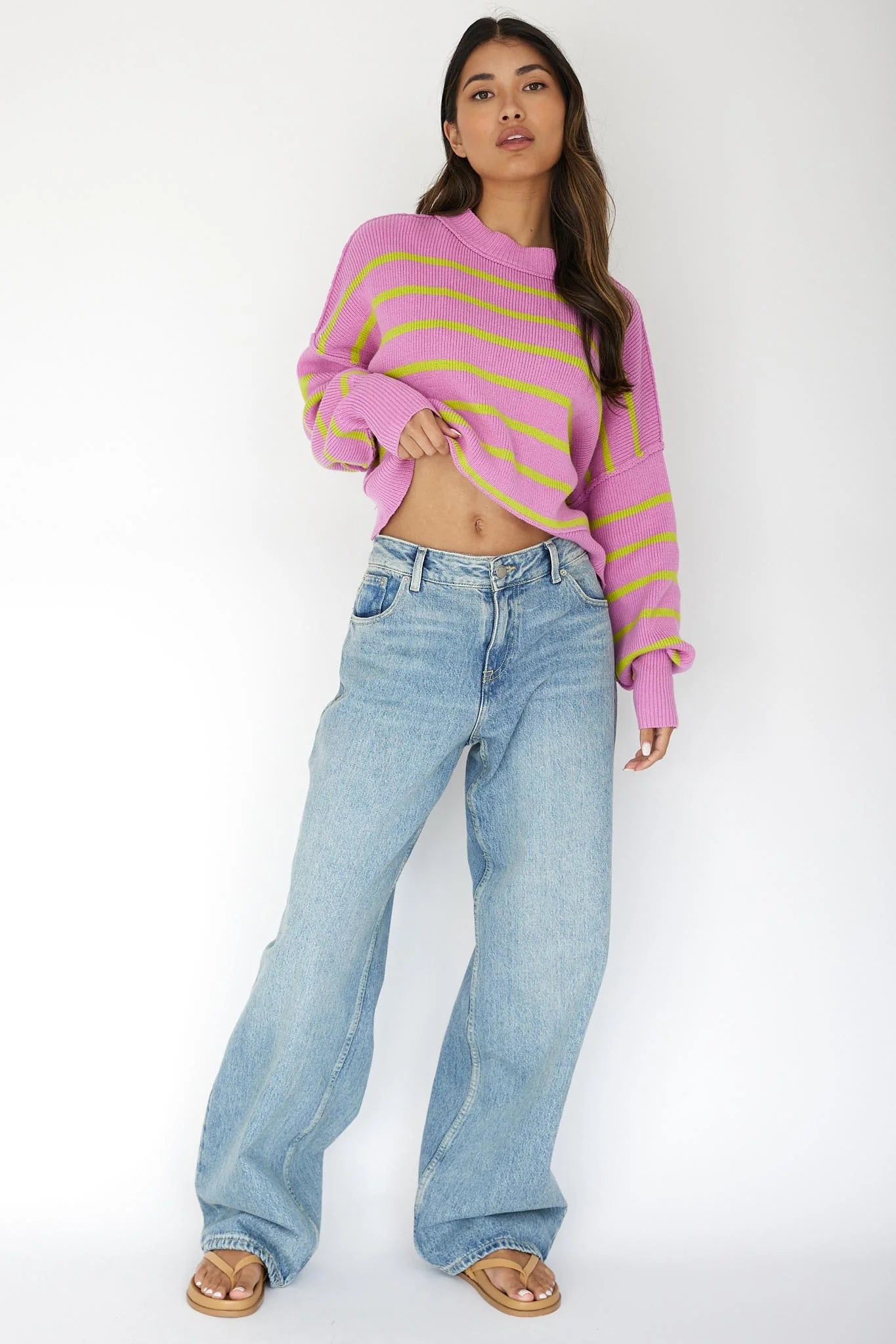 Fly High Drop Shoulder Knit Sweater Stripe Purple