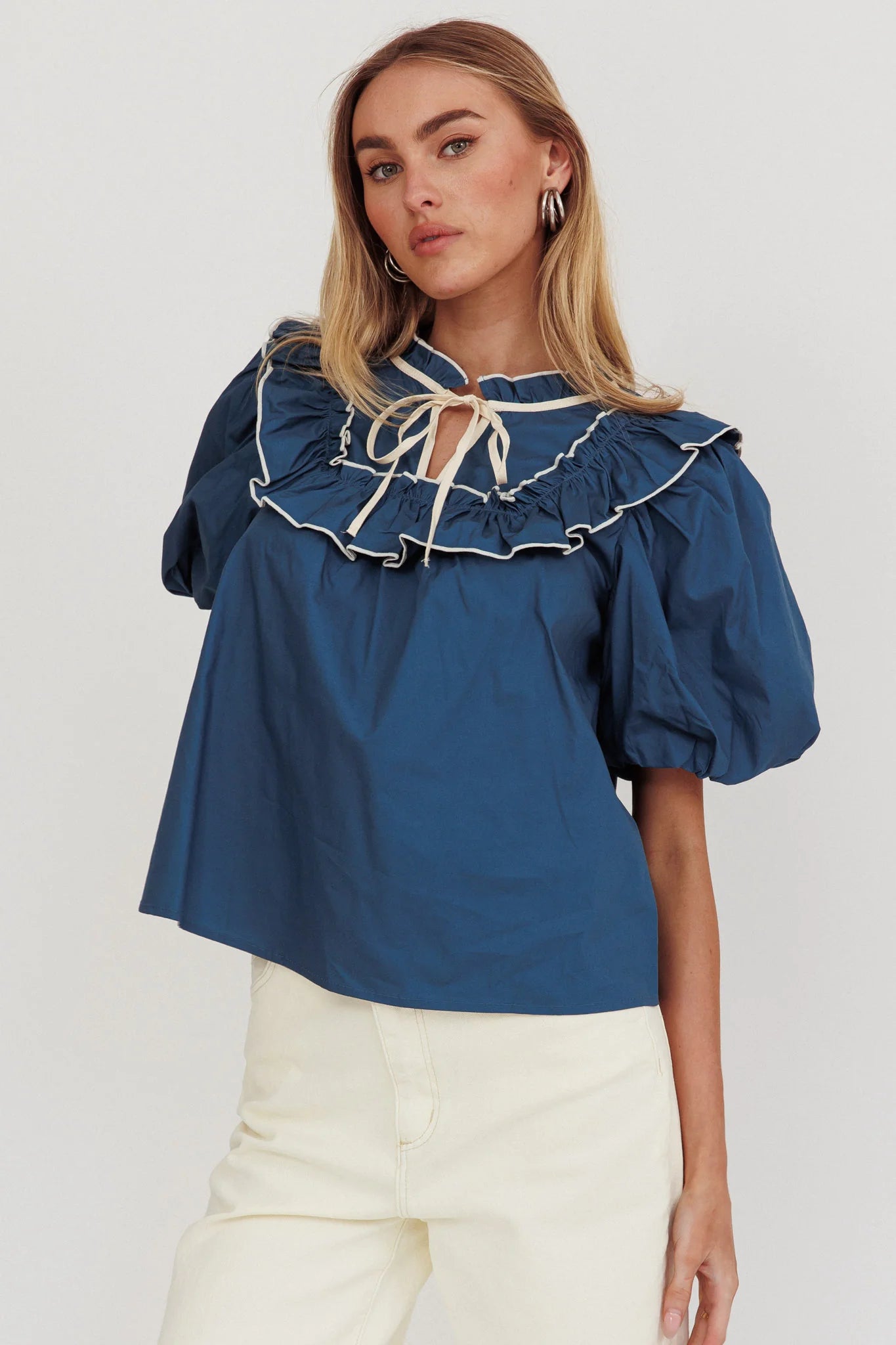 Remarkable Puff Sleeve Tied Neck Top Teal