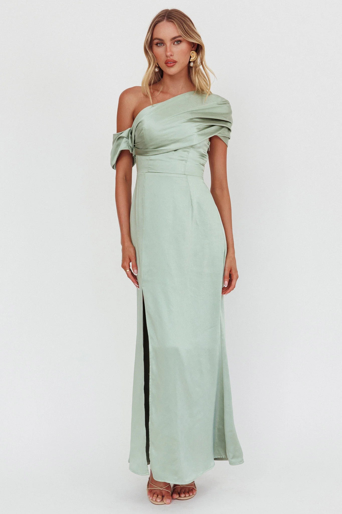 Bellissima Asymmetric Shoulder Maxi Dress Sage