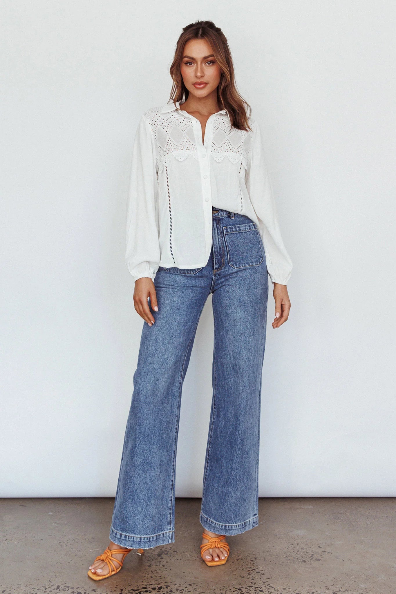 Villa Oasis Long Sleeve Button Shirt White