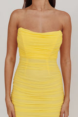 Midwest Strapless Gathered Mesh Maxi Dress Lemon