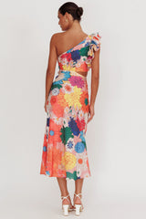 Deanna One-Shoulder Ruffle Floral Maxi Dress Orange
