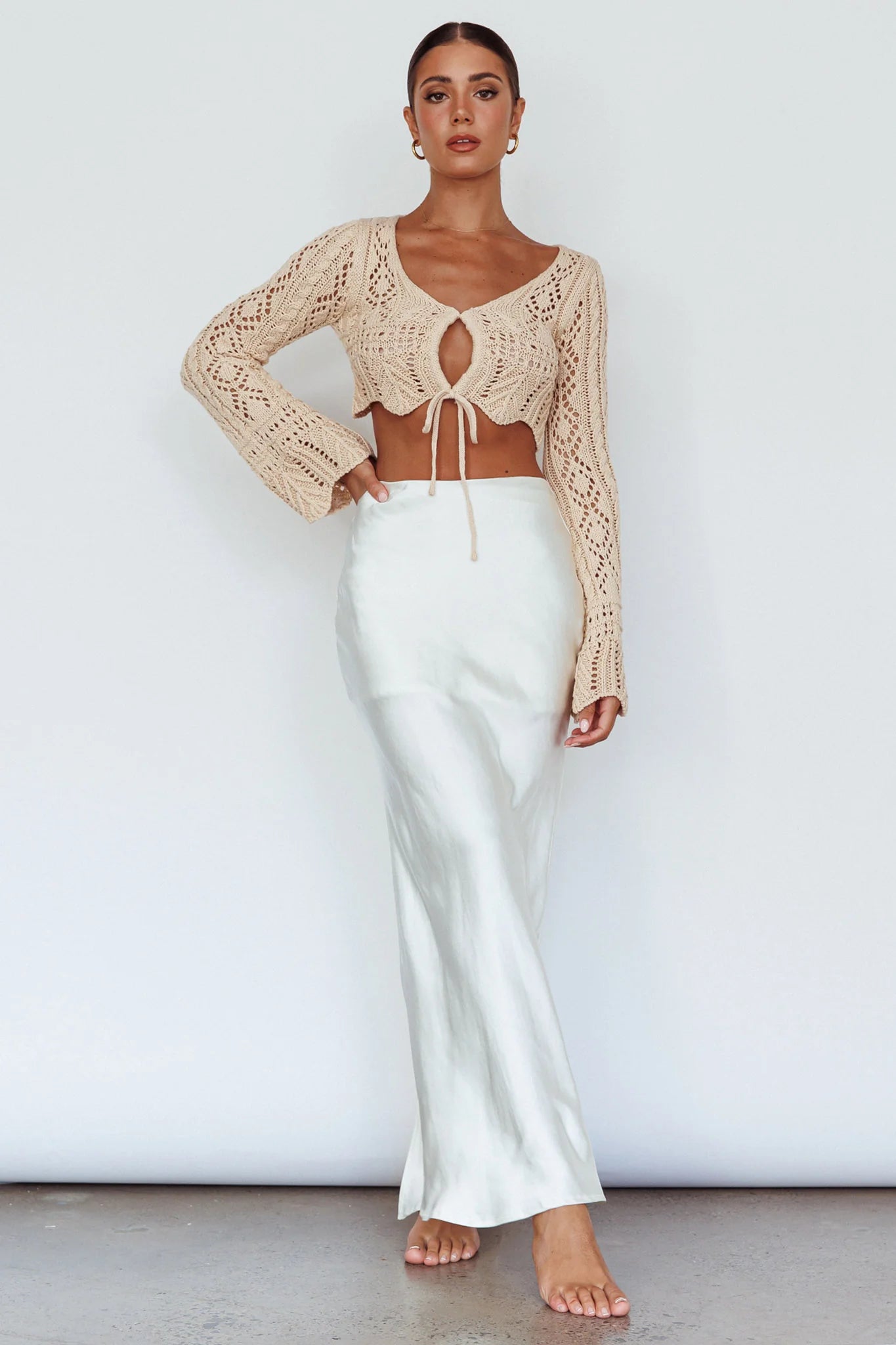 Maycie Long Sleeve Crochet Crop Top Beige