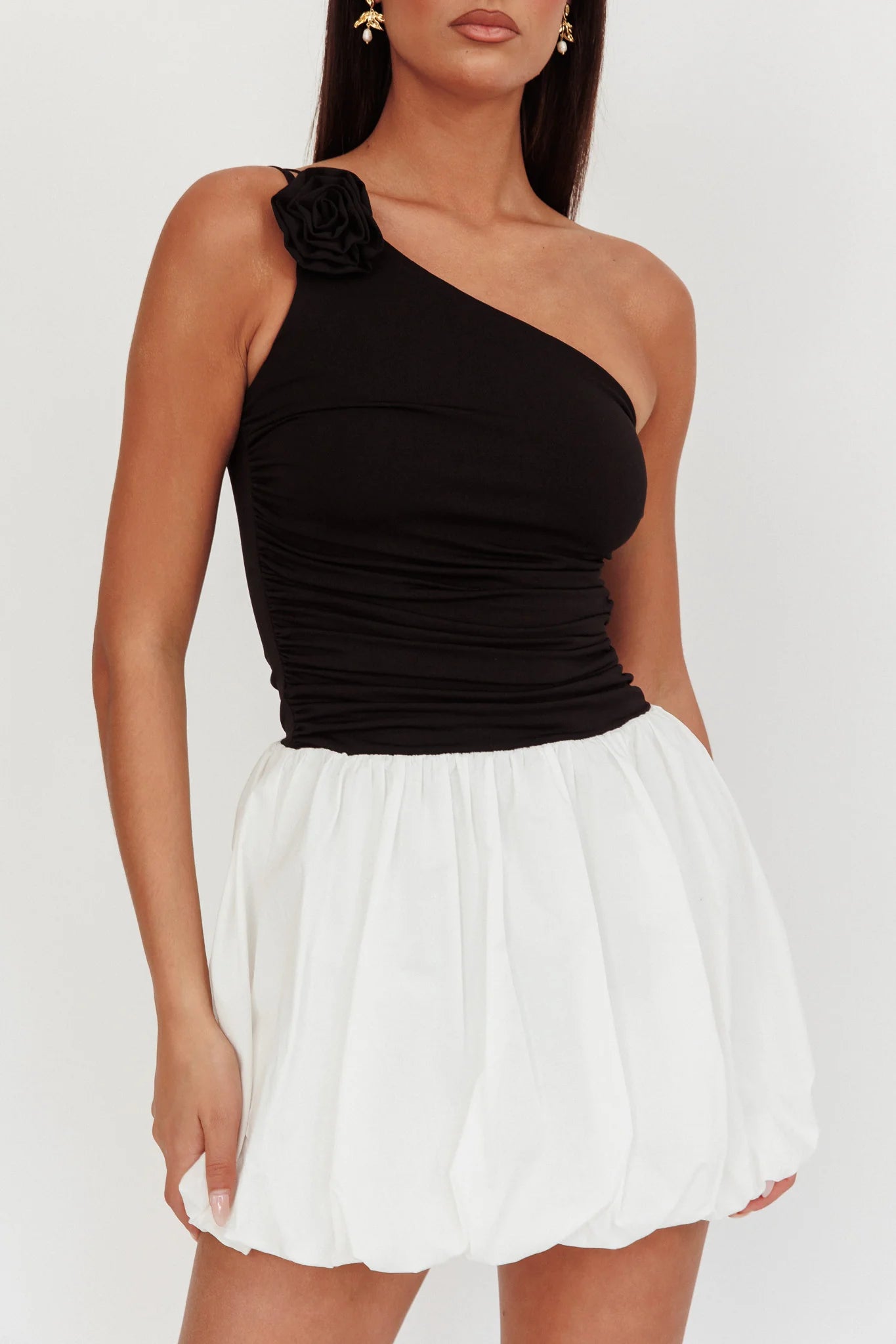 Corinthia One-Shoulder Bubble Mini Dress Black/White