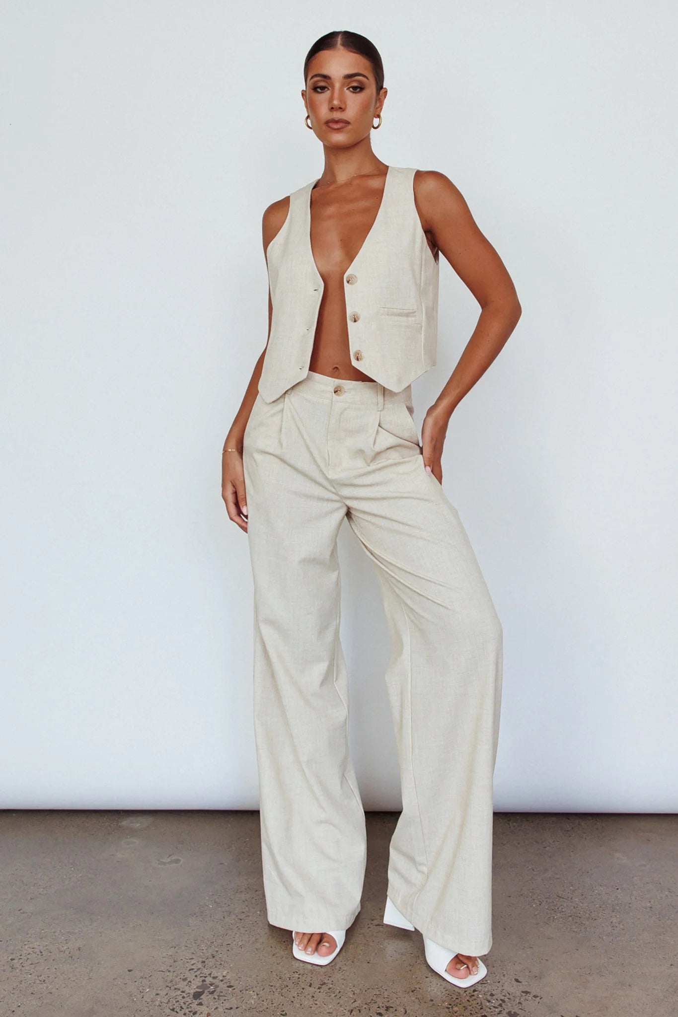 Times Square Buttoned Waistcoat Top Natural