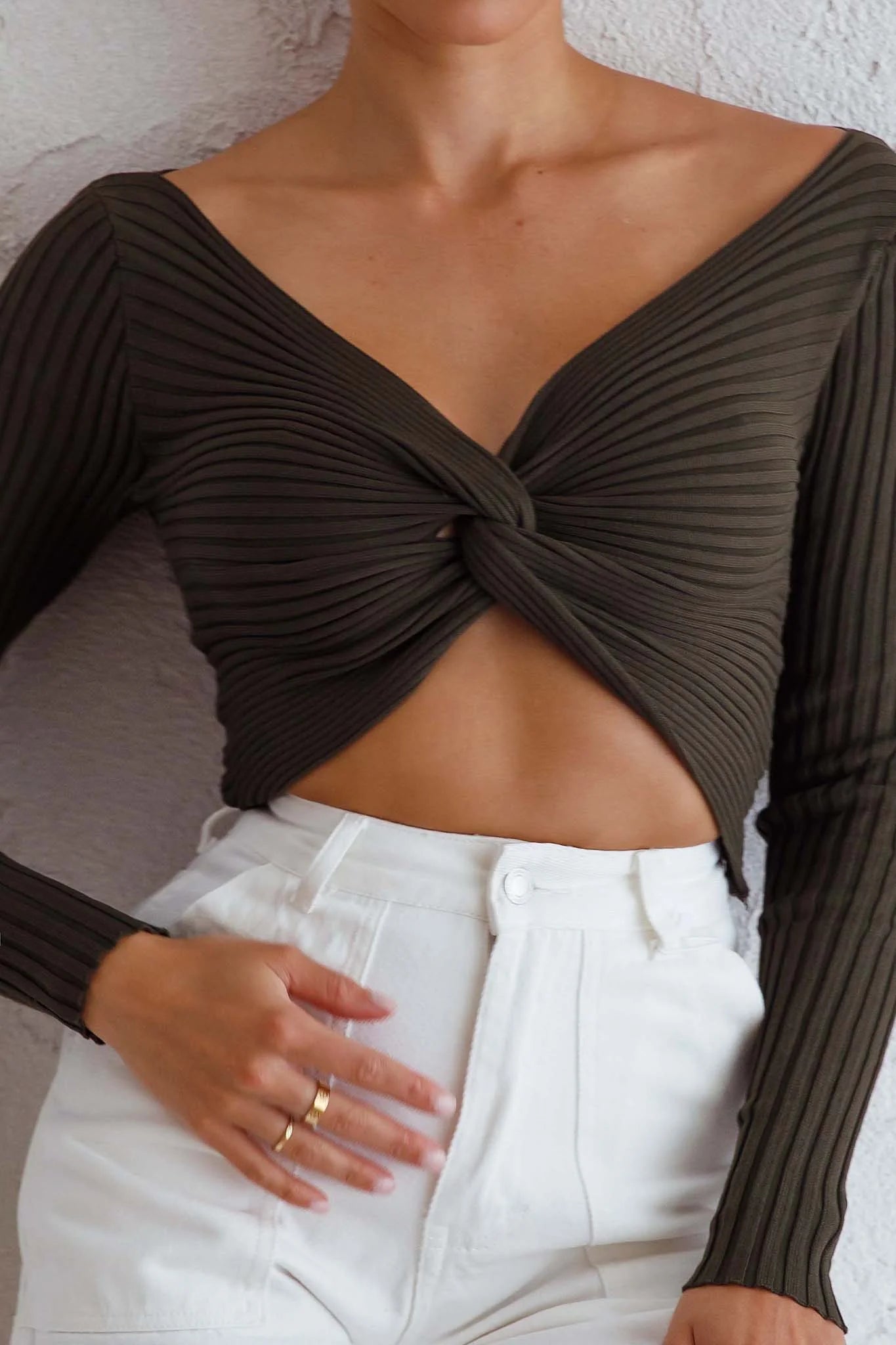 Dream Weaver Long Sleeve Twist Bust Crop Top Forest Green