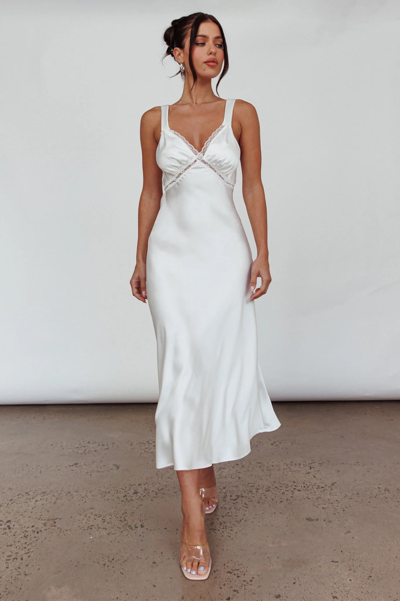 Nyah Lace Trim Midi Dress Off White