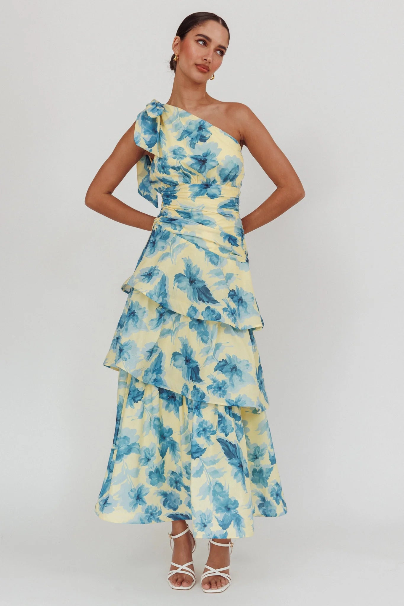 Kenny One Shoulder Tiered Floral Maxi Dress Yellow