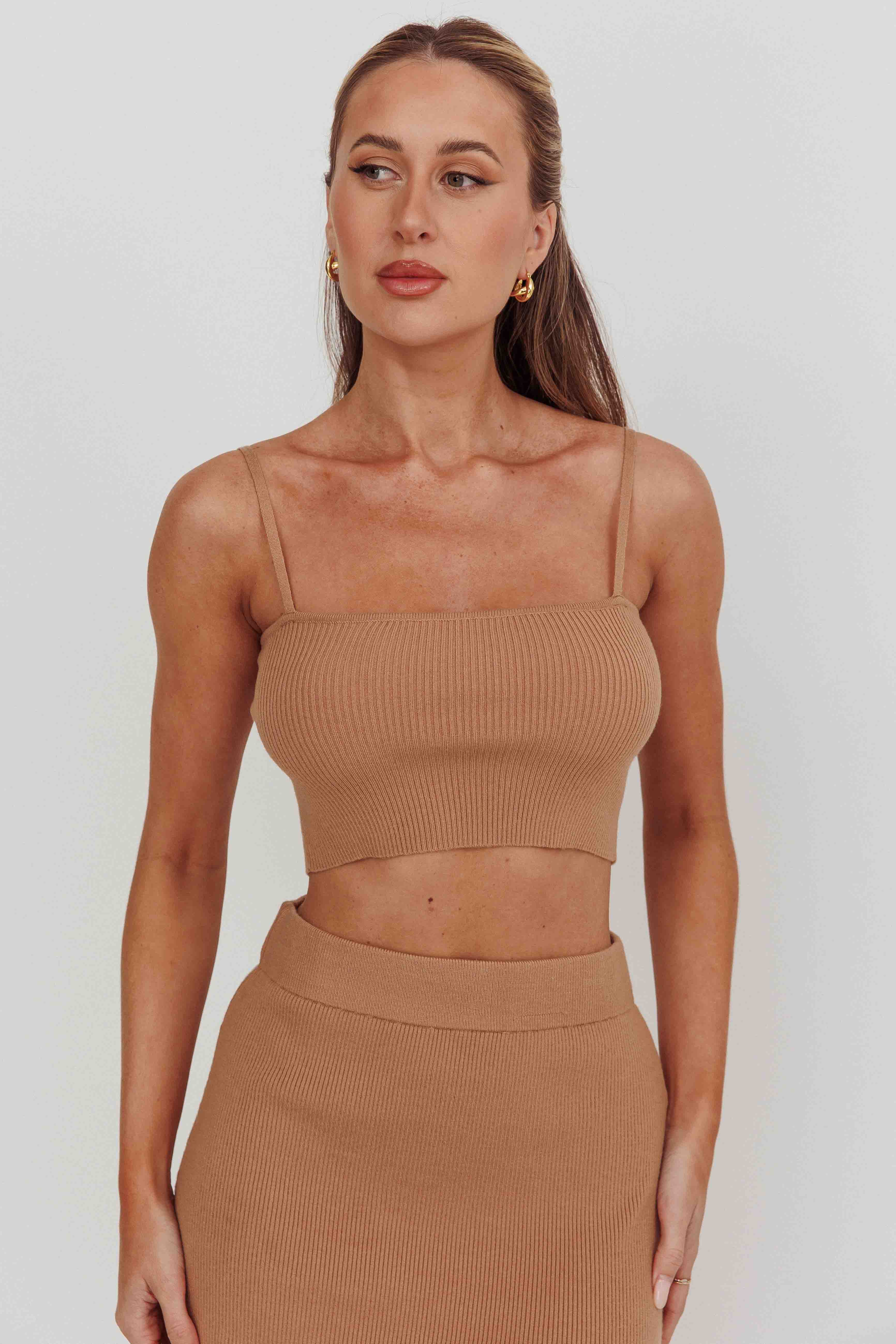 Loverboy Cropped Ribbed Cami Top Camel