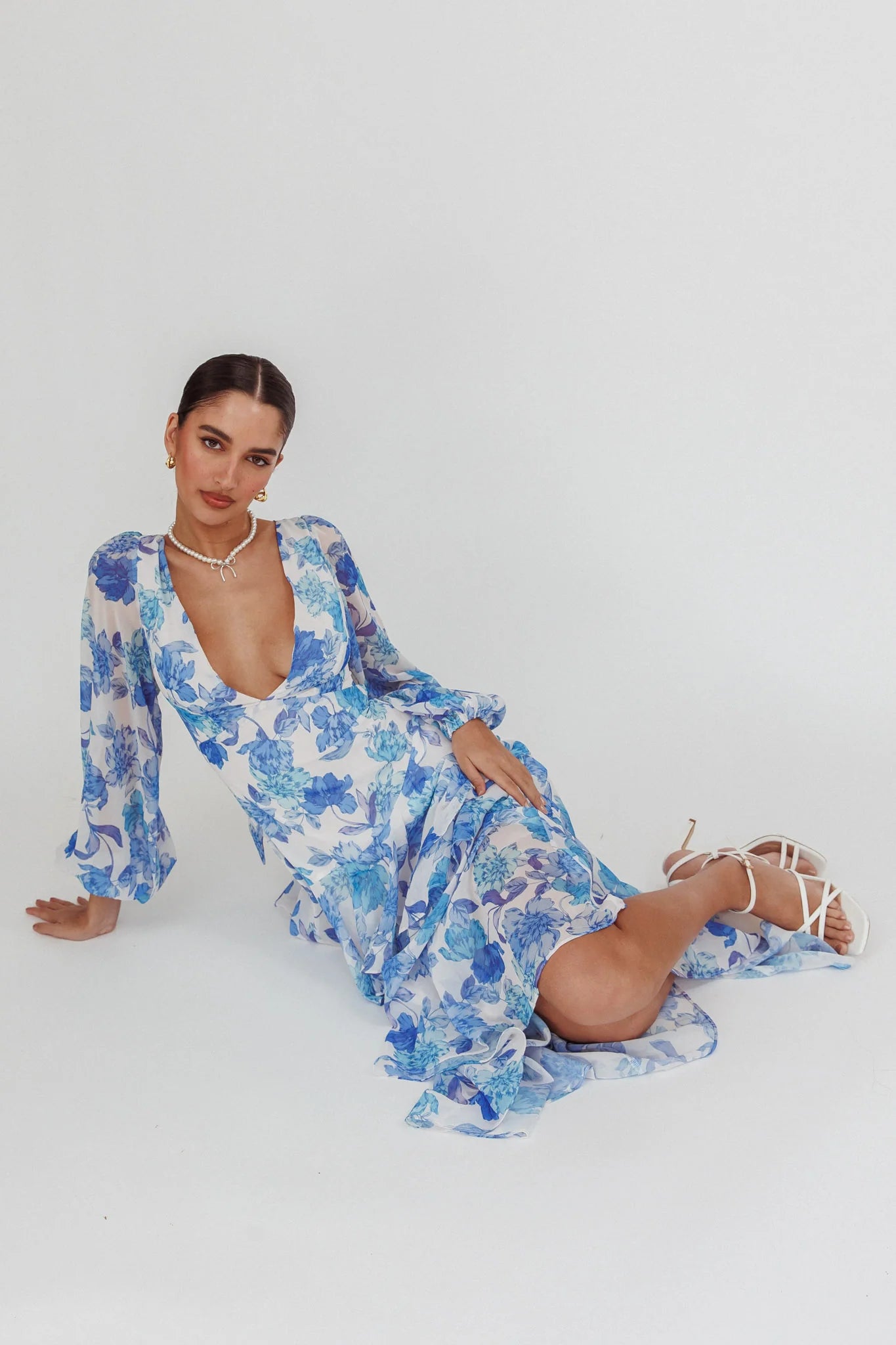 Veda Long Sleeve Floral Tiered Ruffle Maxi Dress Blue
