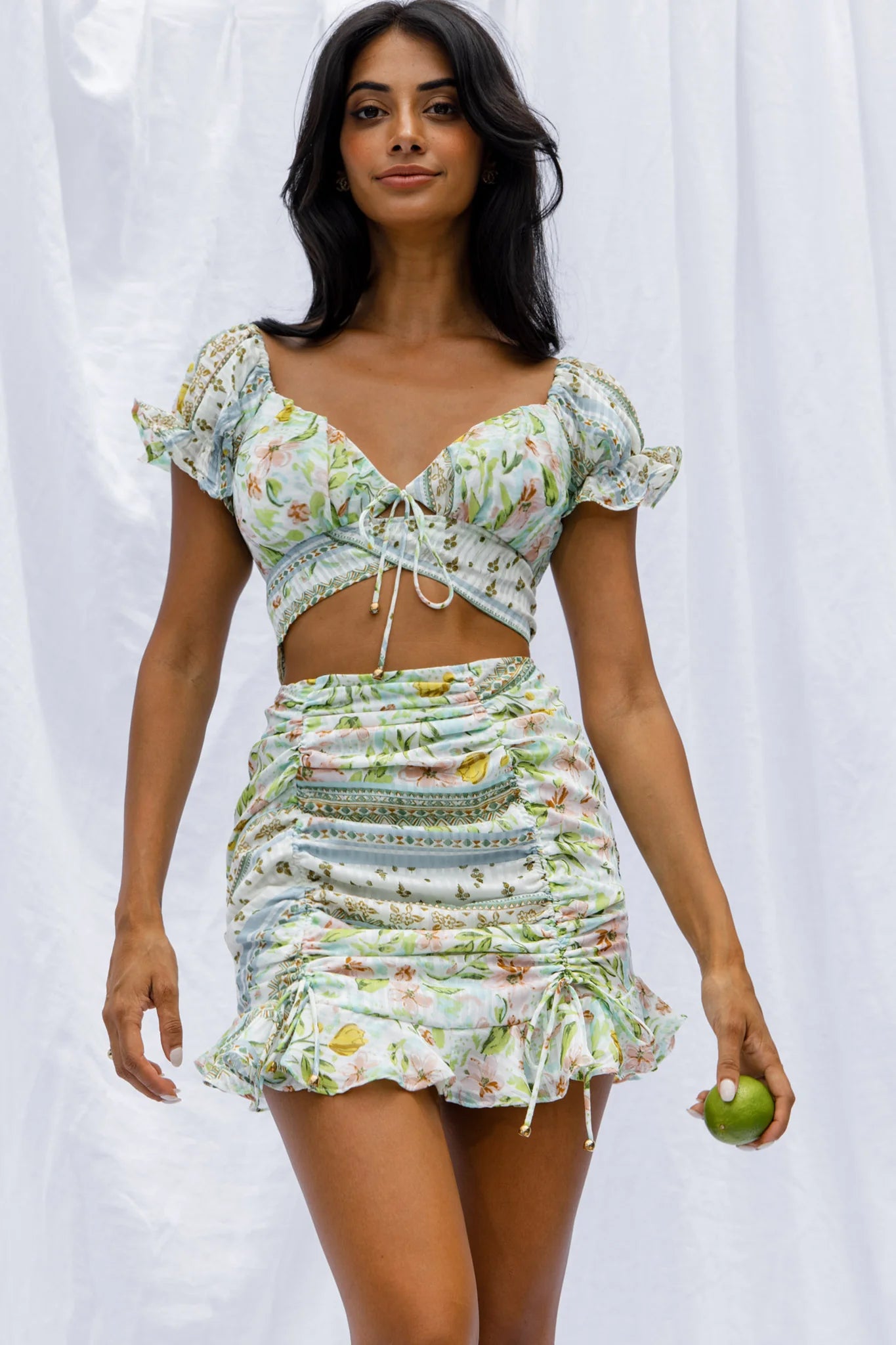 Azure Sky Tied Back Crop Top Printed Green