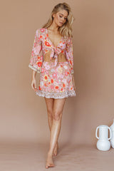 Island Girl Long Sleeve Tied Crop Top Floral Pink