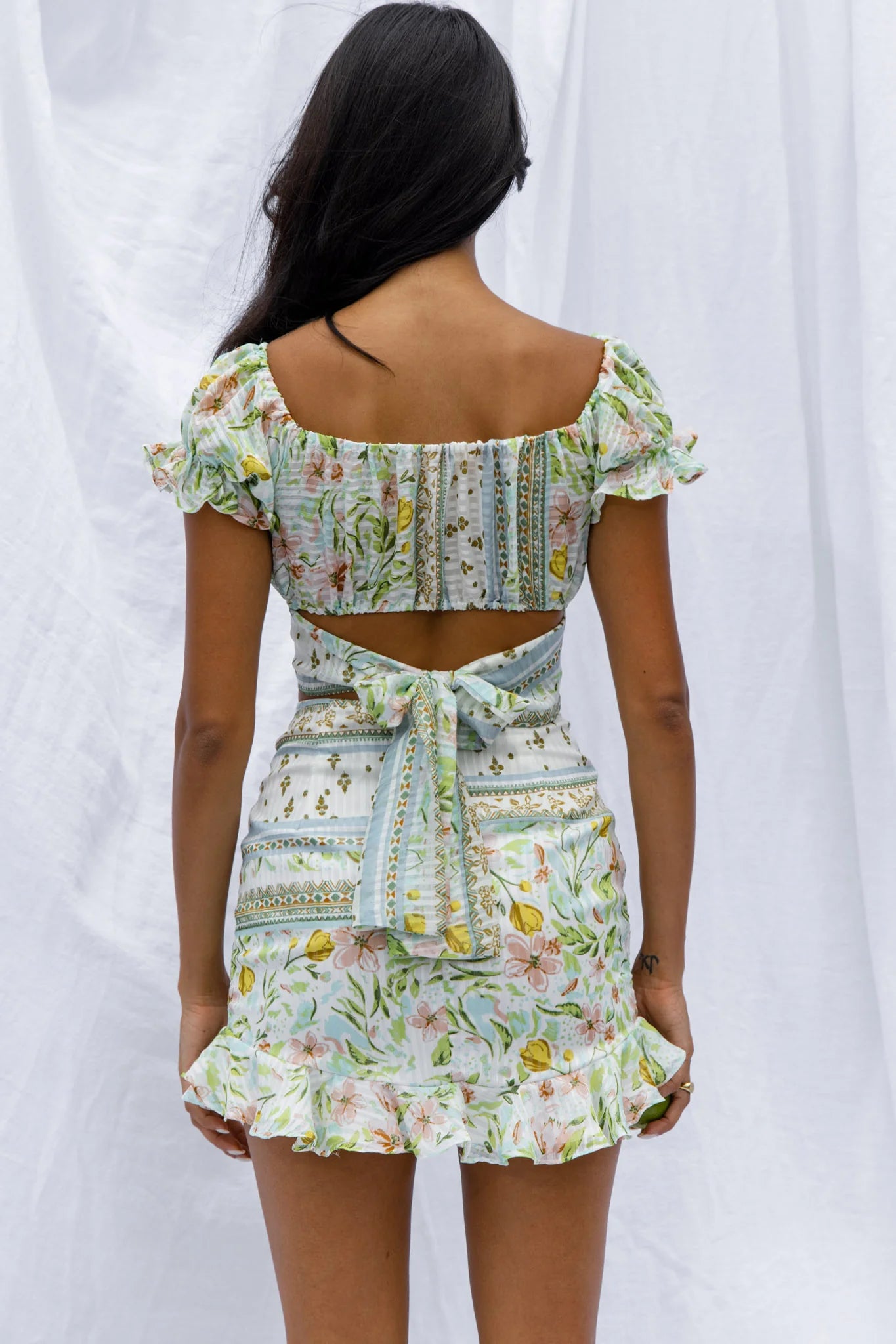 Azure Sky Tied Back Crop Top Printed Green