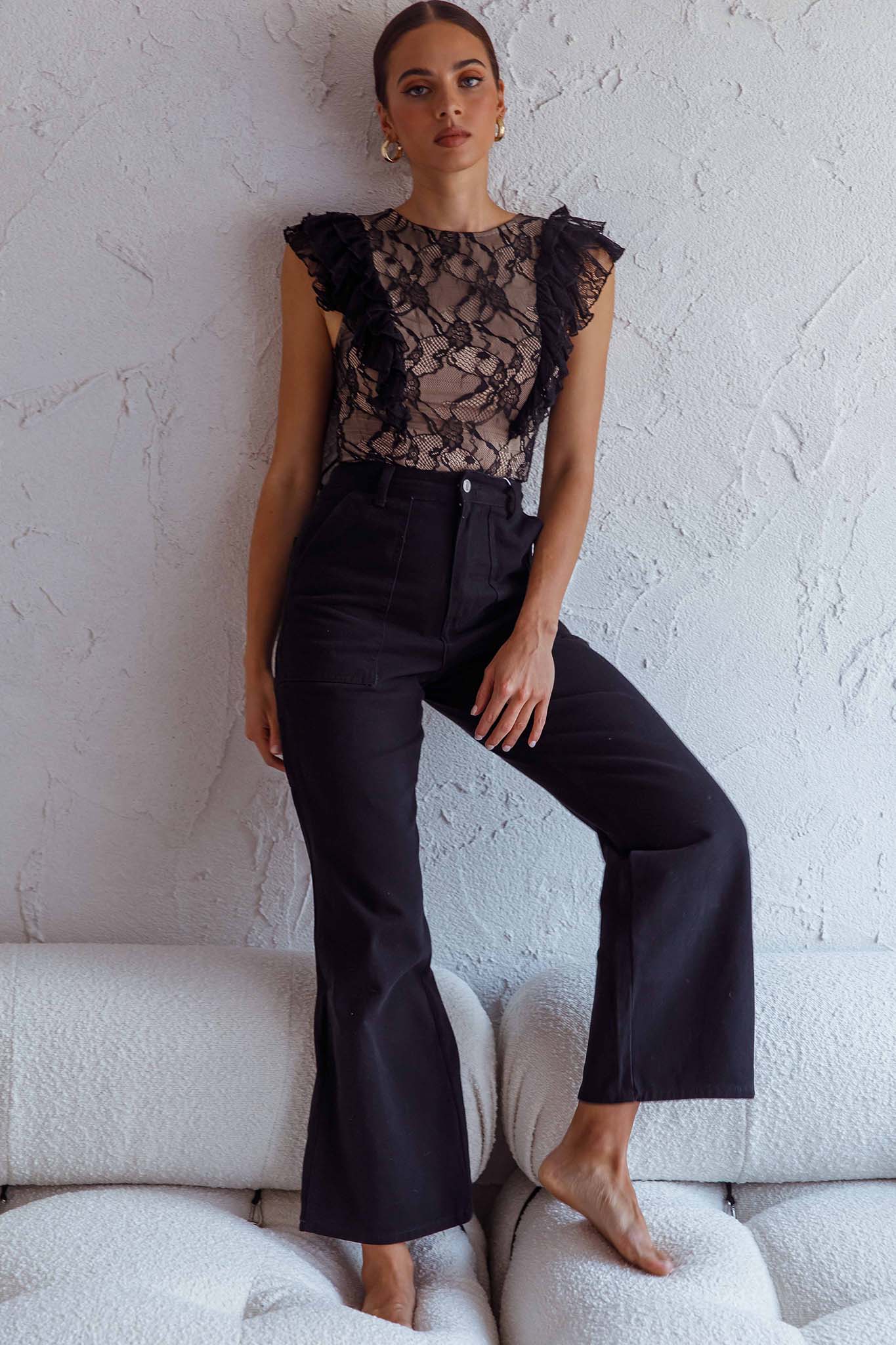 Spring Fling Frill Trim Lace Bodysuit Black