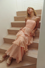 Giavana Strapless Layered Ruffles Midi Dress Blush