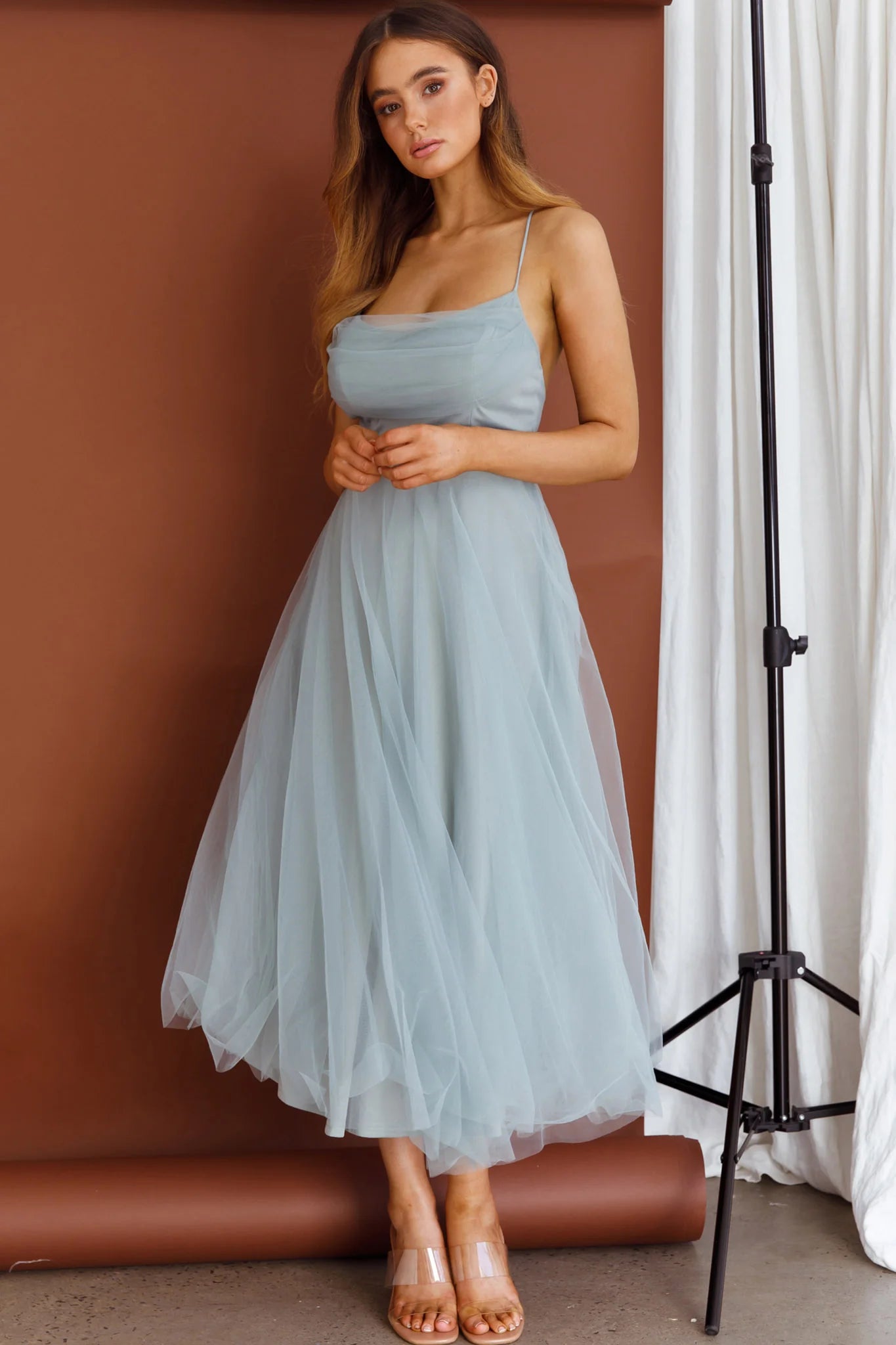 Floating By Pleated Neckline Mesh Midi Dress Sage