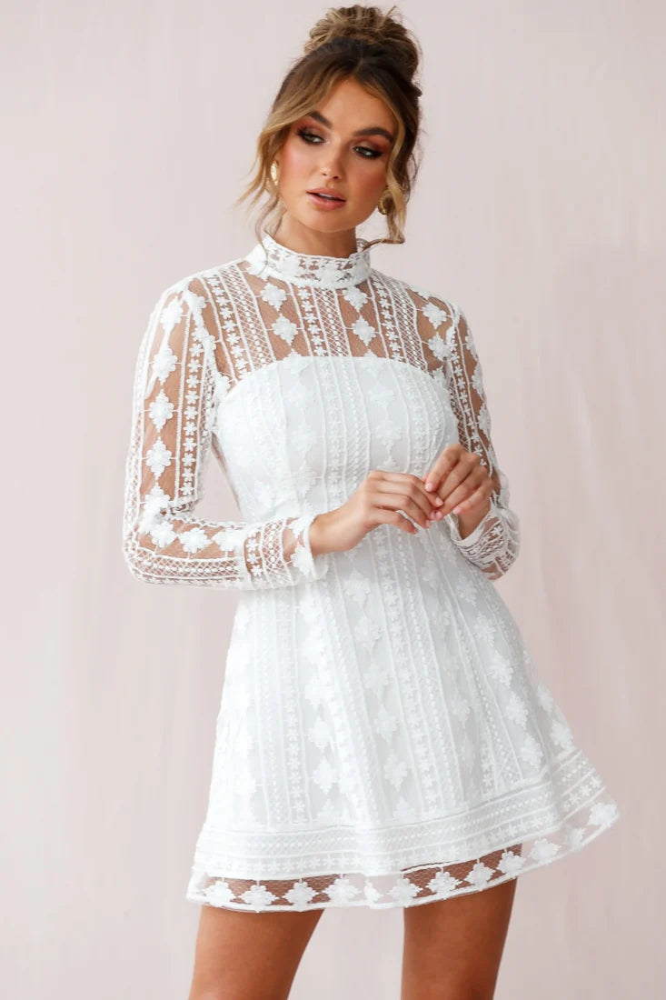 Amelia Lace Overlay Peek A Boo Dress White