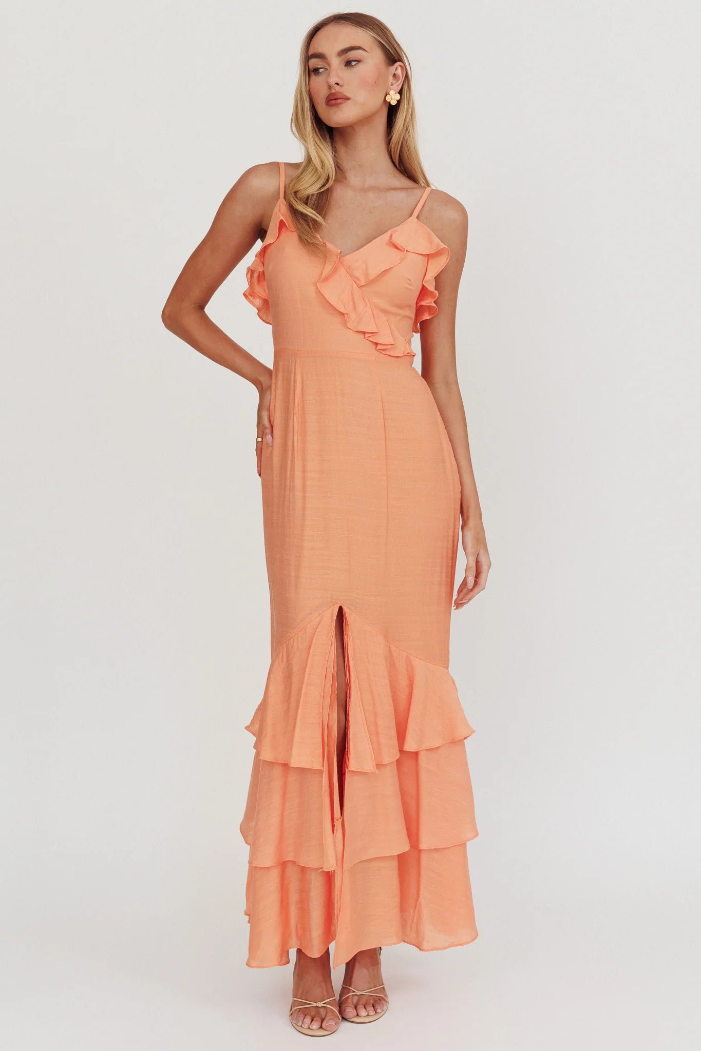 Silvana Frill Trim Split Maxi Dress Orange