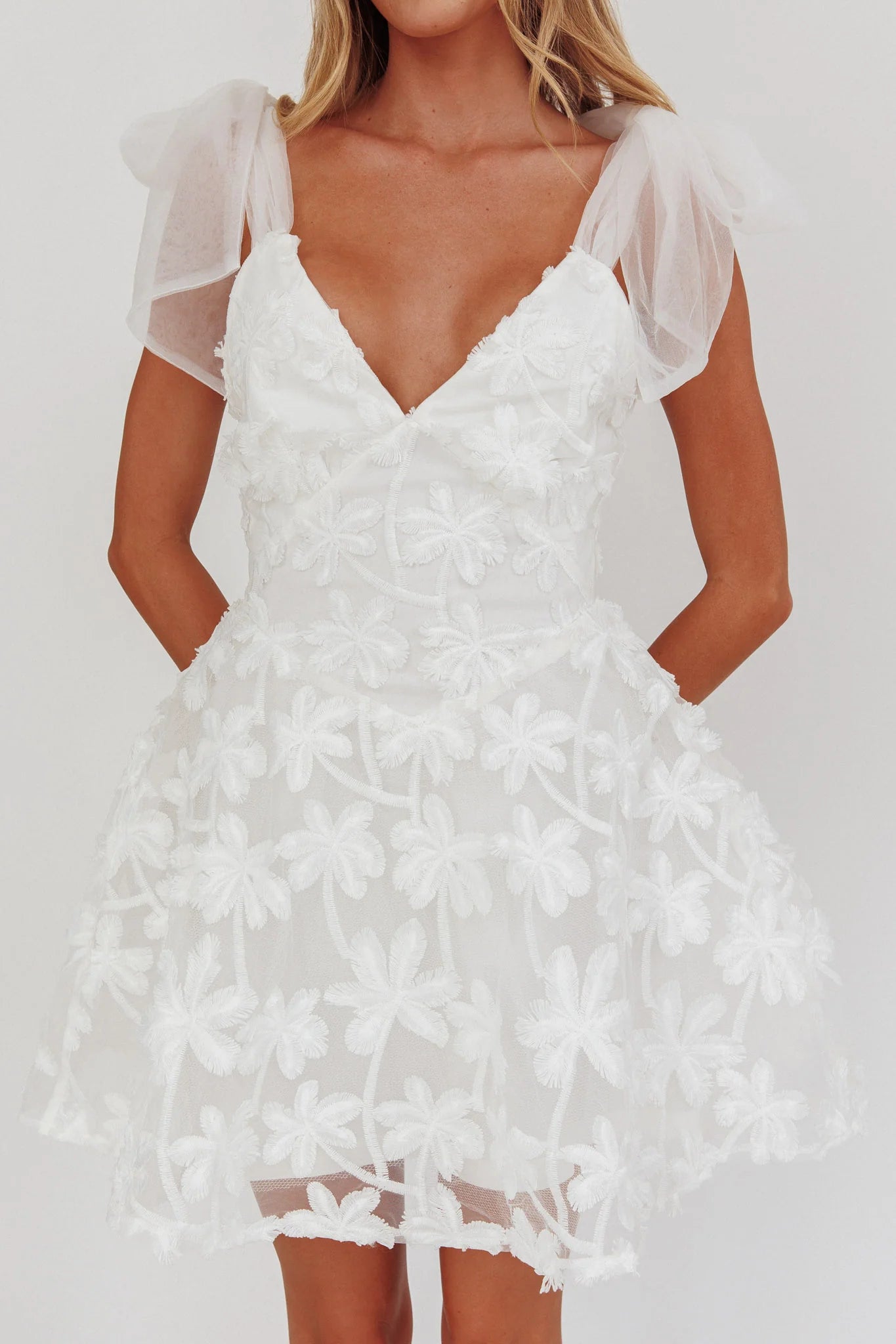 Mykonos Morning Tied Shoulder Mini Dress Embroidered Palm White